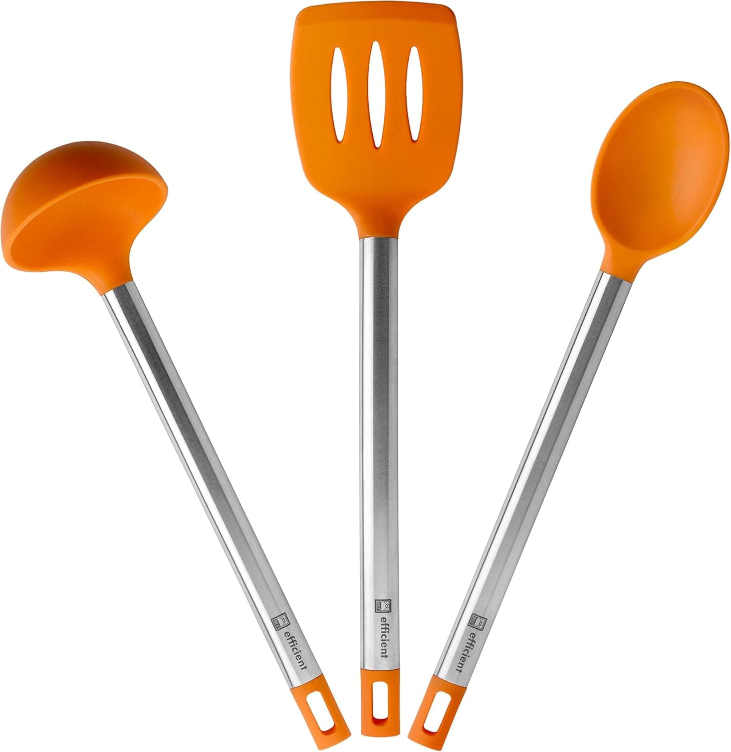 BRA Conjunto eficiente 3 utensílios de cozinha, 36,5 cm, espátula, colher, caça, aço inoxidável, nylon e silicone