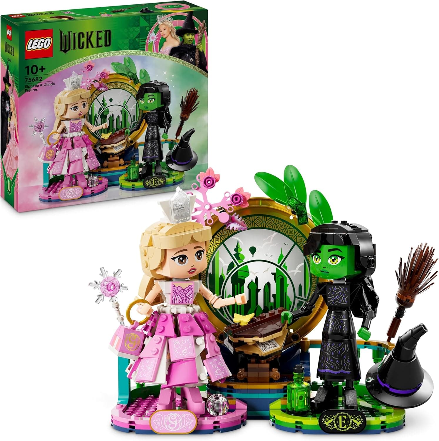 LEGO Wicked Figuras de Elphaba e Glinda, conjunto com bonecas de buchas, personagens de filme musical com vassoura de brinquedo, presente para meninas, crianças e fãs de 10 anos ou mais, mágico de Oz