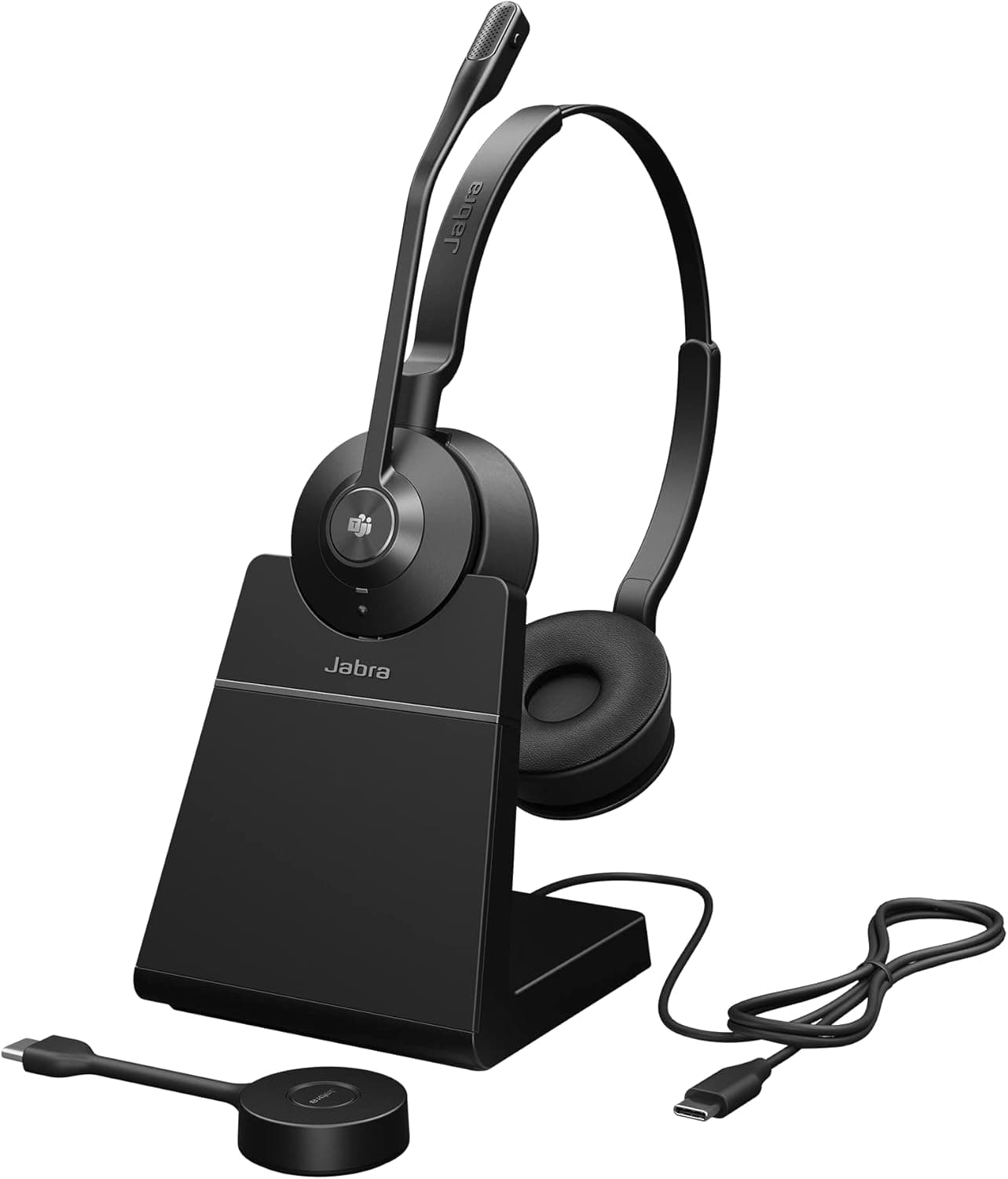 Jabra Engage 55 Auriculares sem fios estéreo com adaptador Link 400 USB-C DECT, microfone com cancelamento de ruído, amplo alcance e estação de carregamento - certificado por MS Teams - preto