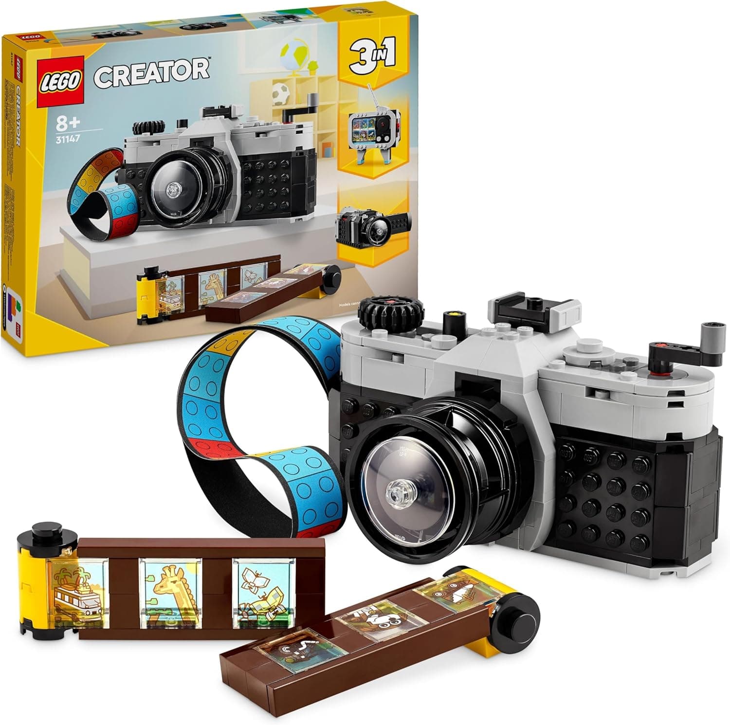 LEGO Creator 3 em 1 câmara retro de brinquedo descapotável em câmara de vídeo e televisão, decoração para quarto e acessório de secretária, presente de fotografia para meninos e meninas de 8 anos ou