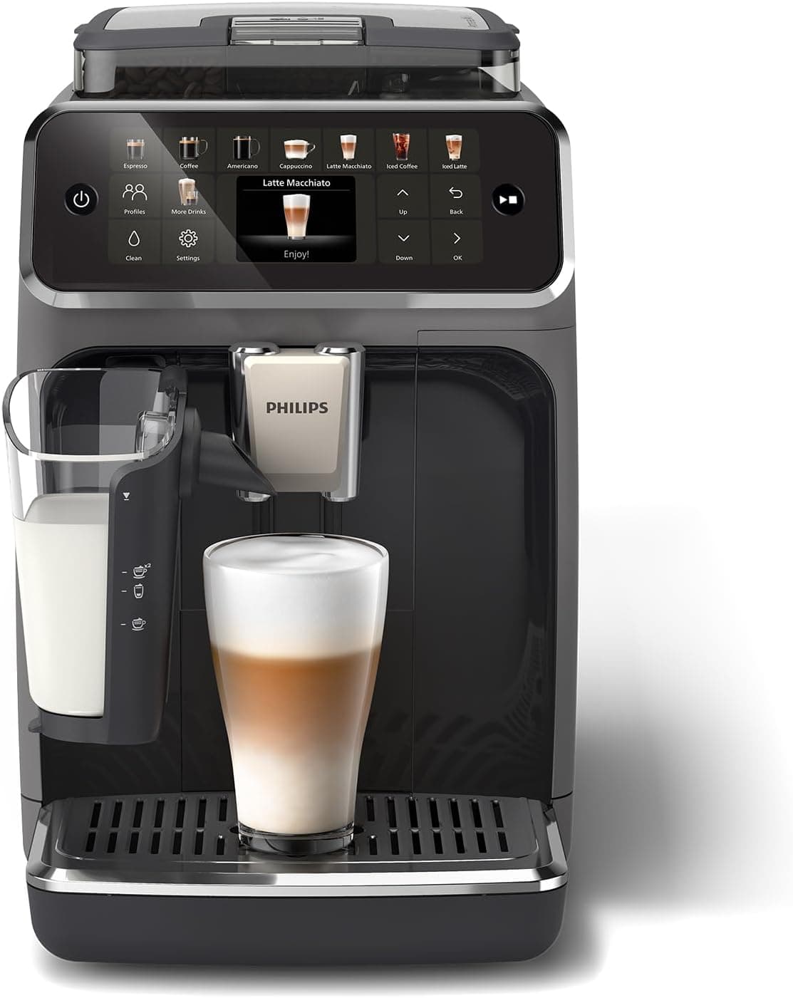 Philips Cafeteira expresso totalmente automática série 5500 - 20 cafés quentes e com gelo, sistema de leite LatteGo de limpeza rápida, 40% mais silencioso com SilentBrew, QuickStart, cinzento