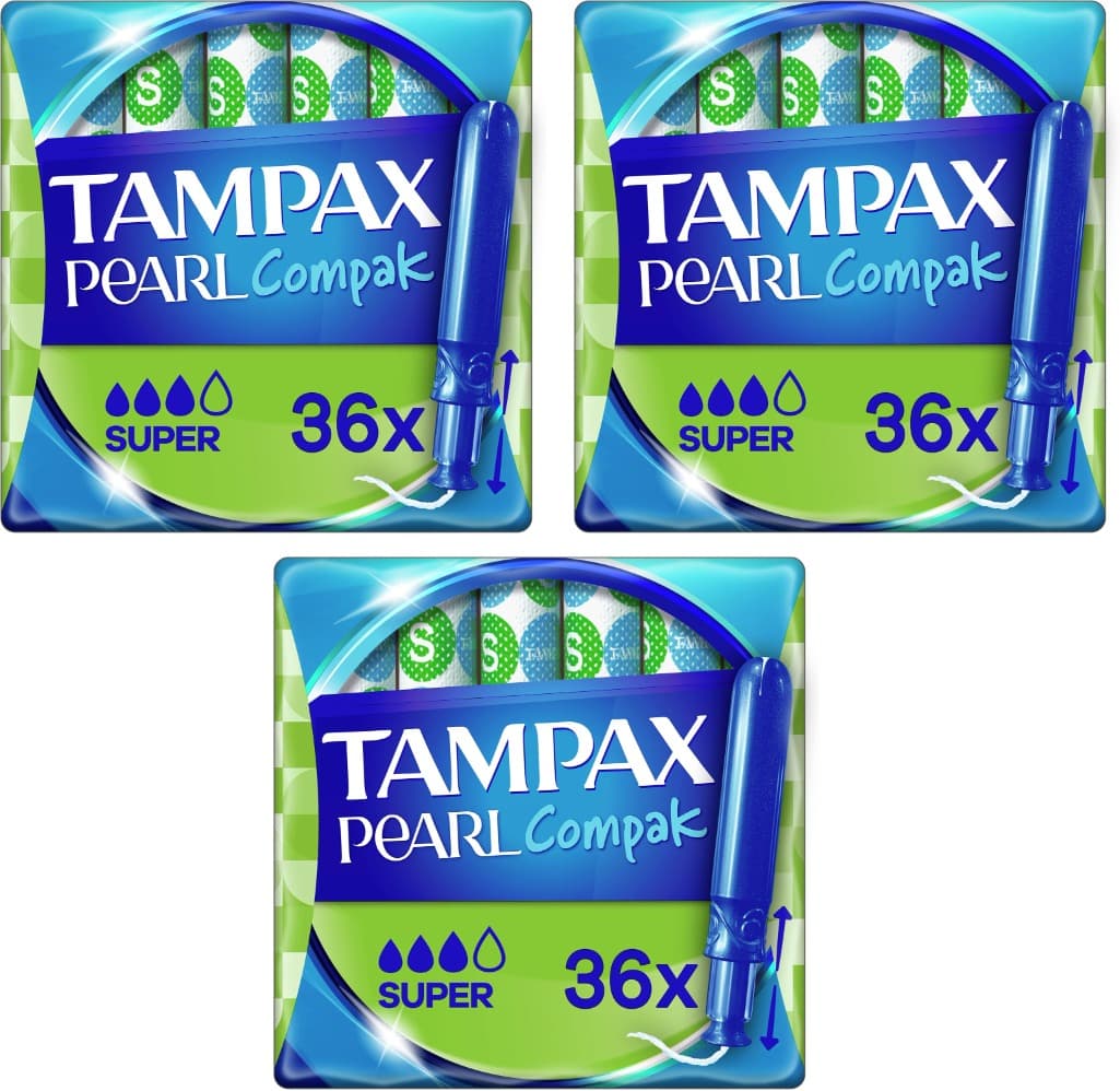 Tampax Tampões Pearl Compak super com aplicador suave, conjunto de 36 x 3