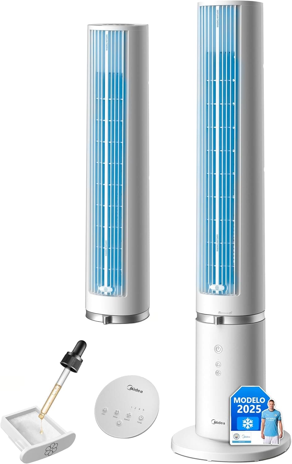MIDEA Ventilador de torre de 4 velocidades com controlo remoto, ventilador de torre silencioso com oscilação de 90º - refrigerador de ar com temporizador - climatizador frio potente até 9 m - Fan