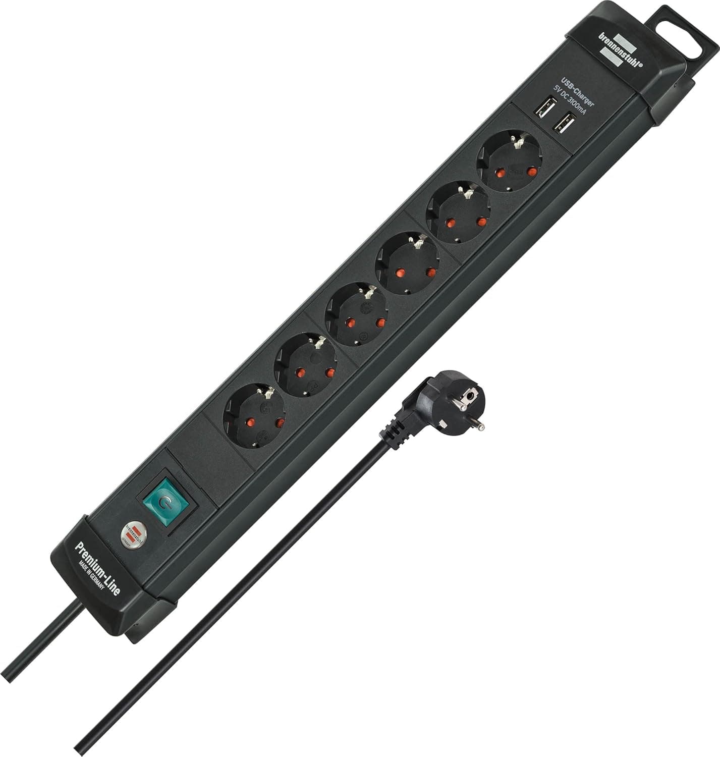Brennenstuhl Premium-Line extensão de tomadas com 6 tomadas de energia e USB (cabo de 3 m, carregamento USB, interruptor, montável, Made in Germany) preto