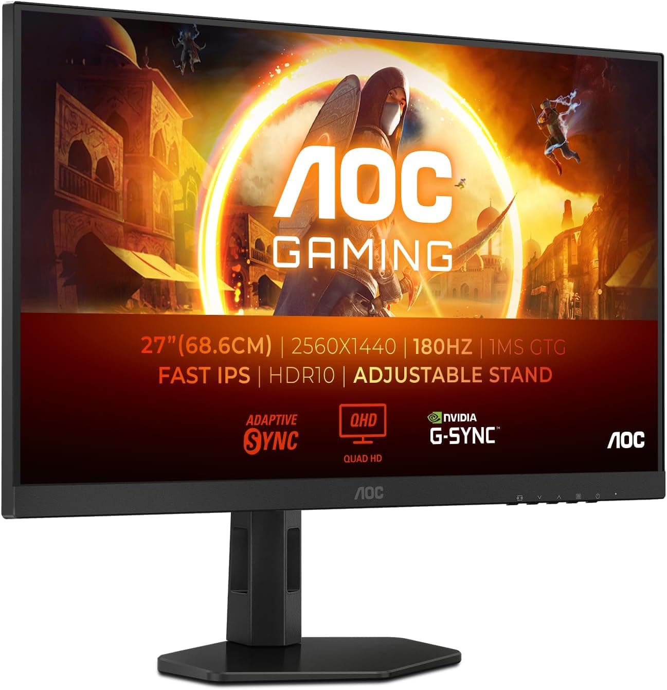 AOC Gaming Q27G4XF Monitor QHD de 27 polegadas, 180 Hz, plano, 0,5 ms, FreeSync Prem, Comp. G-Sync, HDR10, ajustável (IPS, 2560x1440, DisplayPort, HDMI) preto/cinzento