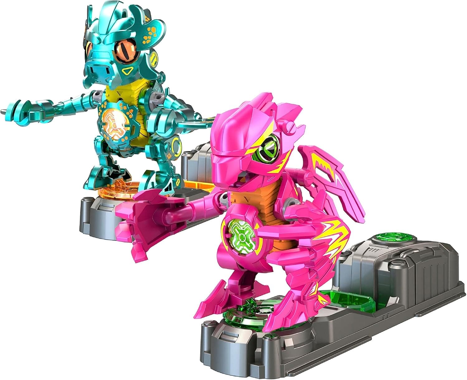 Bizak Biosaurus Kombat, conjunto de luta de fúchsia dupla e verde, descubra e construa criaturas eletrónicas de 9 cm com 20 peças incluídas, com luzes e sons, junte-os à base e pronto para lutar