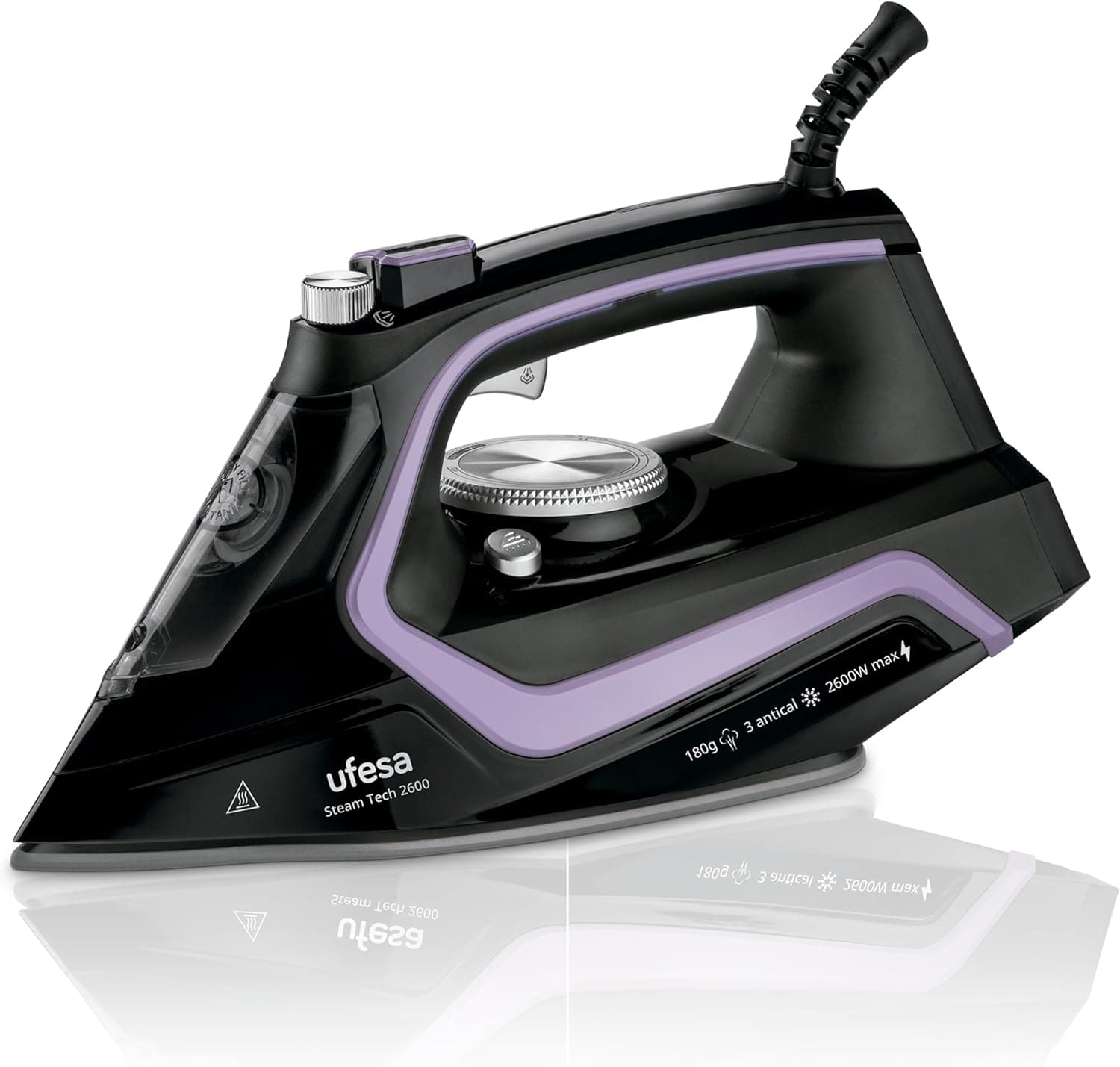 Ufesa Steam teach 2600, ferro a vapor de 2600 W, golpe de vapor máximo de 180 g e constante 35 g/min, sola de cerâmica, sistema anti-gotejamento triplo