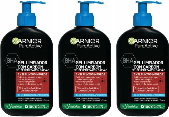 Garnier Skin Active, Pure Active Gel de limpeza anti-pontos pretos com carbono e ácido salicílico, 294g x 3