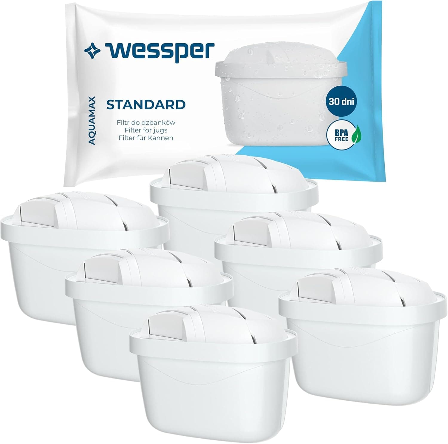 Wessper Cartucho de filtro de água, filtro de carbono ativo e resina de troca iónica, compatível com o jarro brita maxtra cartuchos de filtro de água, 6 peças