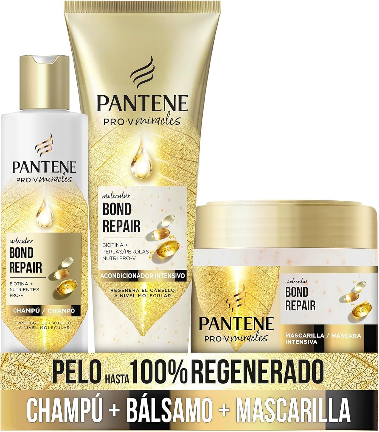 Pantene Molecular Bond Repair com biotina champô 250 ml, fórmula Pro-V máscara intensiva 300 ml e condicionador 150 ml para cabelo danificado e seco