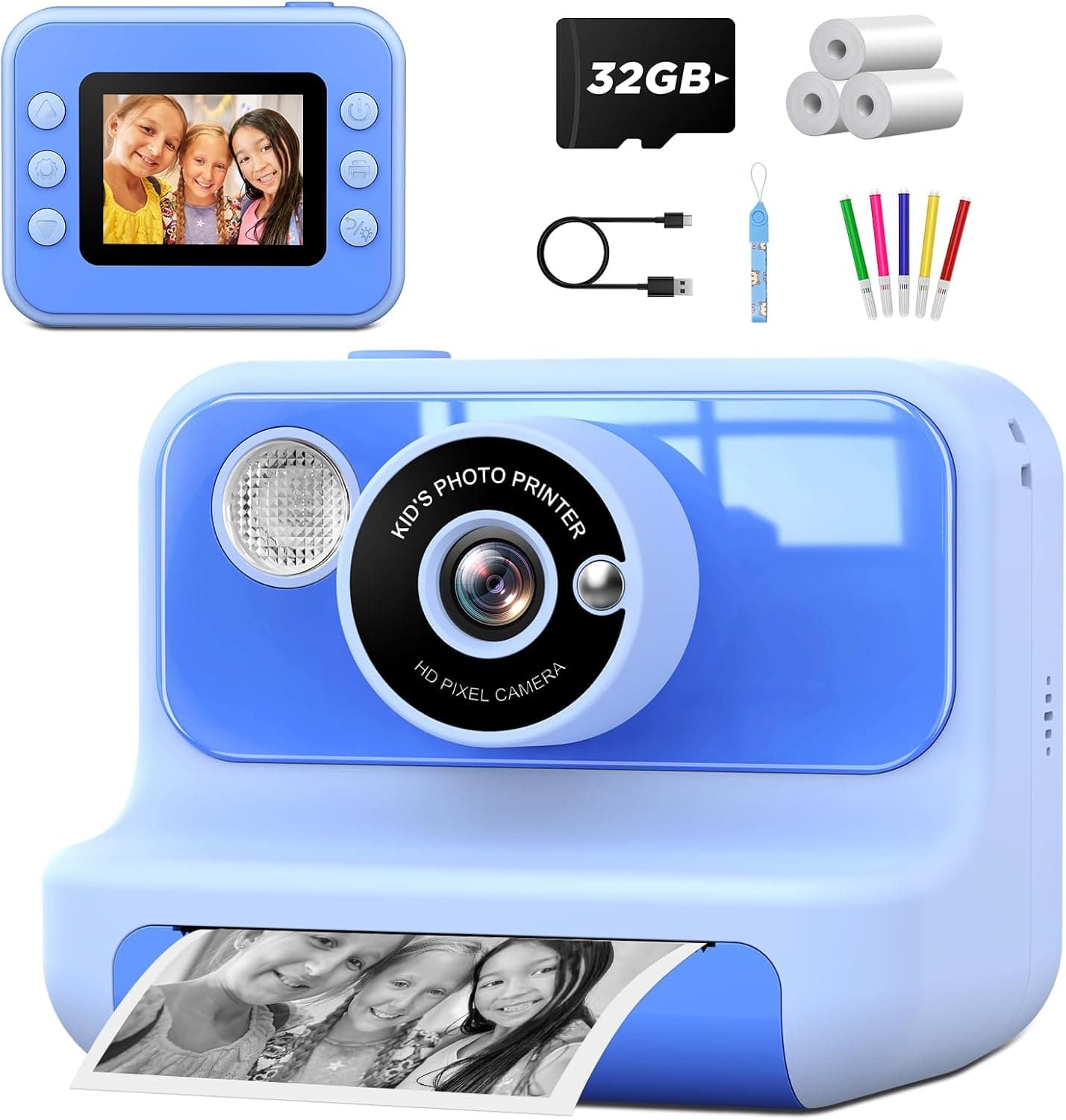 LETSHAHA Câmara instantânea para crianças, 1080P 20MP 10X câmara fotos instantâneas crianças de papel de impressão 3D preto e um cartão de 32 GB, câmara infantil instantânea