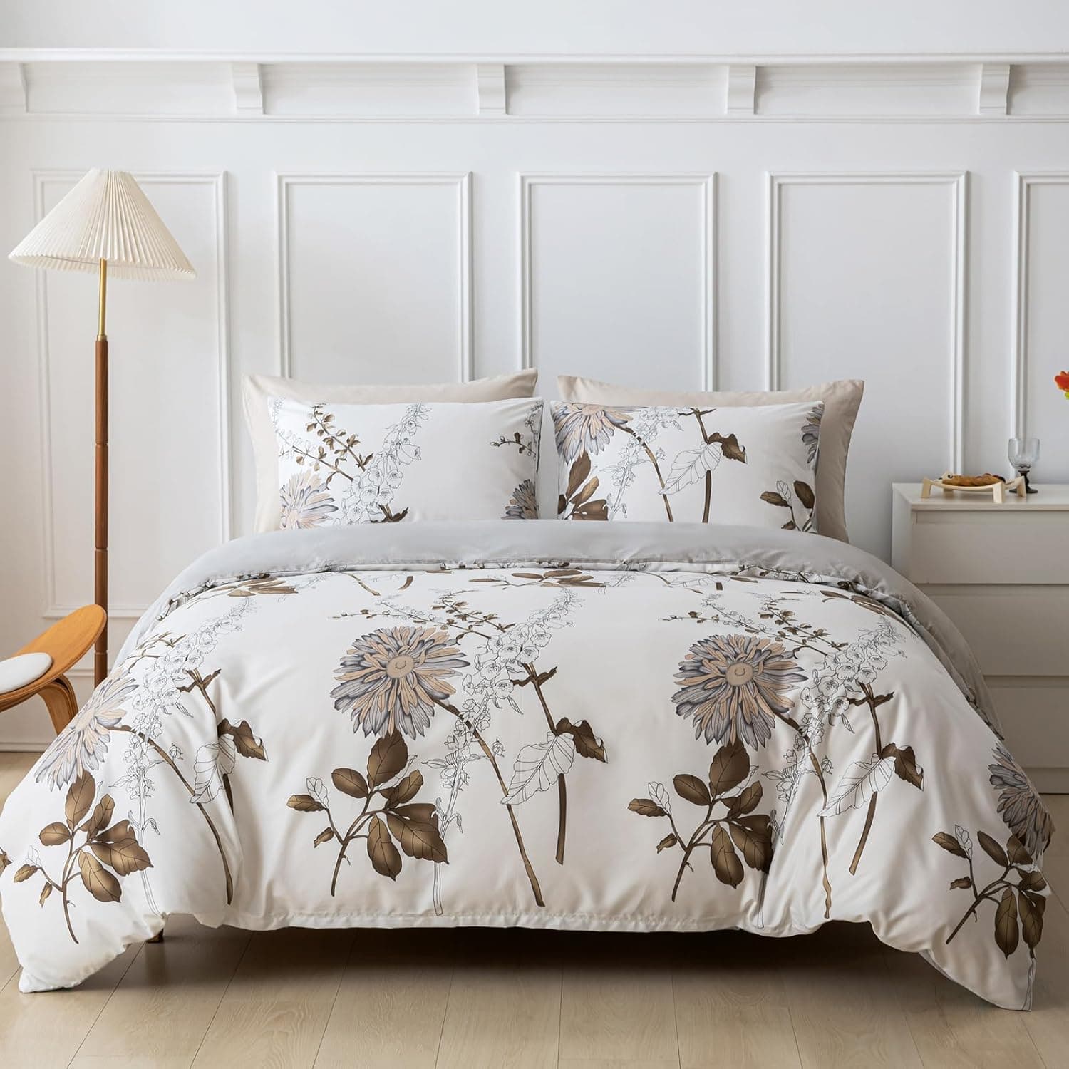 Tokokimo Capa nórdica para cama 135/150, capa nórdica 230 x 220 cm, ramos e folhas, padrão microfibra, 3 peças, composto por 1 capa nórdica 230 x 220 cm + 1 fronhas 50 x 755 cm, dourado Branco