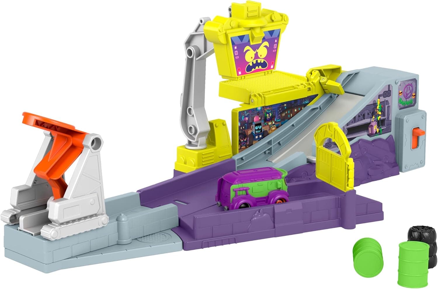 Fisher-Price Batwheels Legião de zoom pista para carros de brinquedo com rampa e lançador, inclui Prank, a Vaneta do Joker, inspirado na série, 3 anos (HNP07)