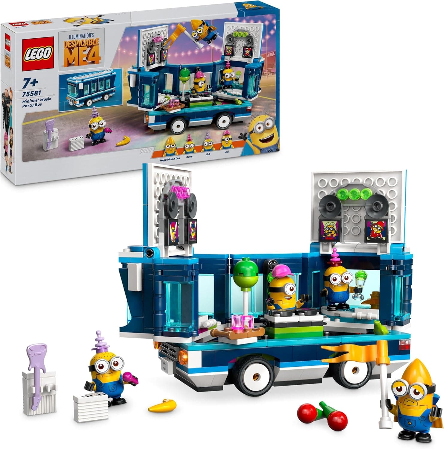 LEGO GRU 4: Meu vilão favorito bus de festa musical dos minions, autocarro de brinquedo de construção com figuras e instrumentos, presente para meninos e meninas de 7 anos ou mais 75581