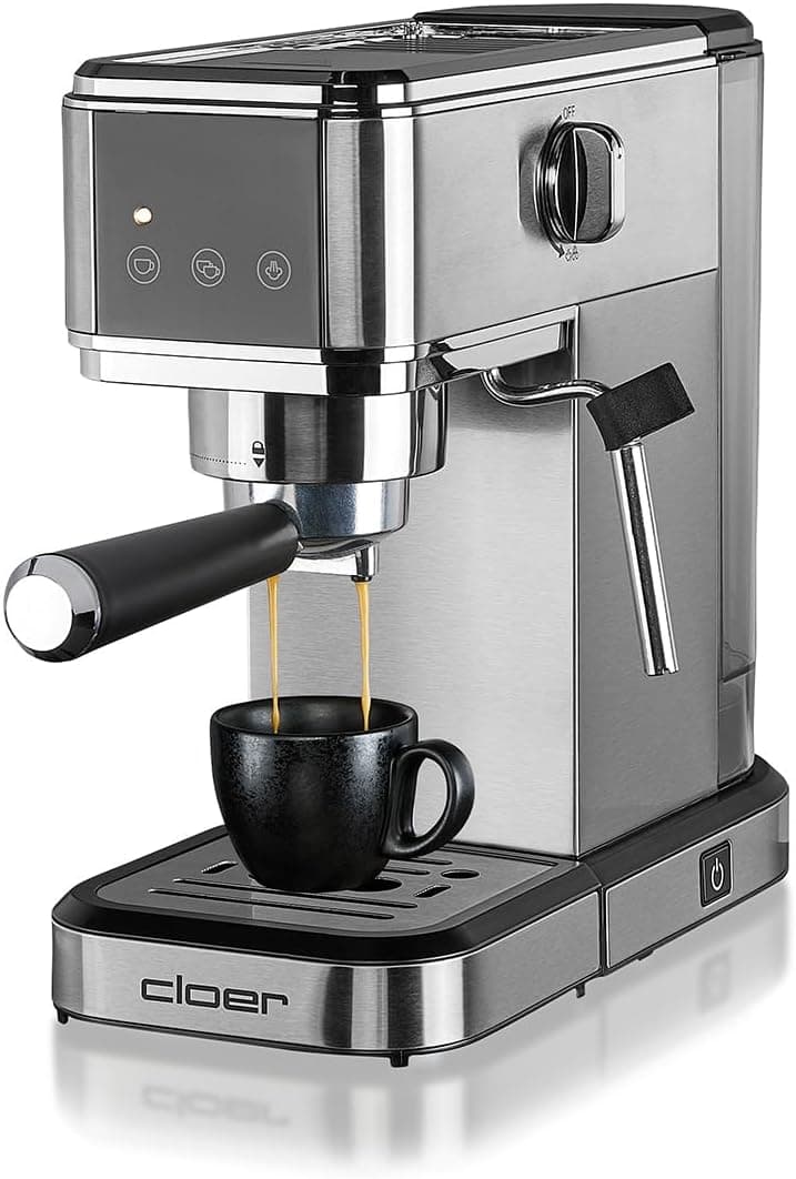 Cloer 5829 Máquina de café expresso, cafeteira expresso com espumador de leite, 20 bares, 1350 W, design fino, 1-2 chávenas expressos, cappuccinos, latte macchiato, desliga de segurança