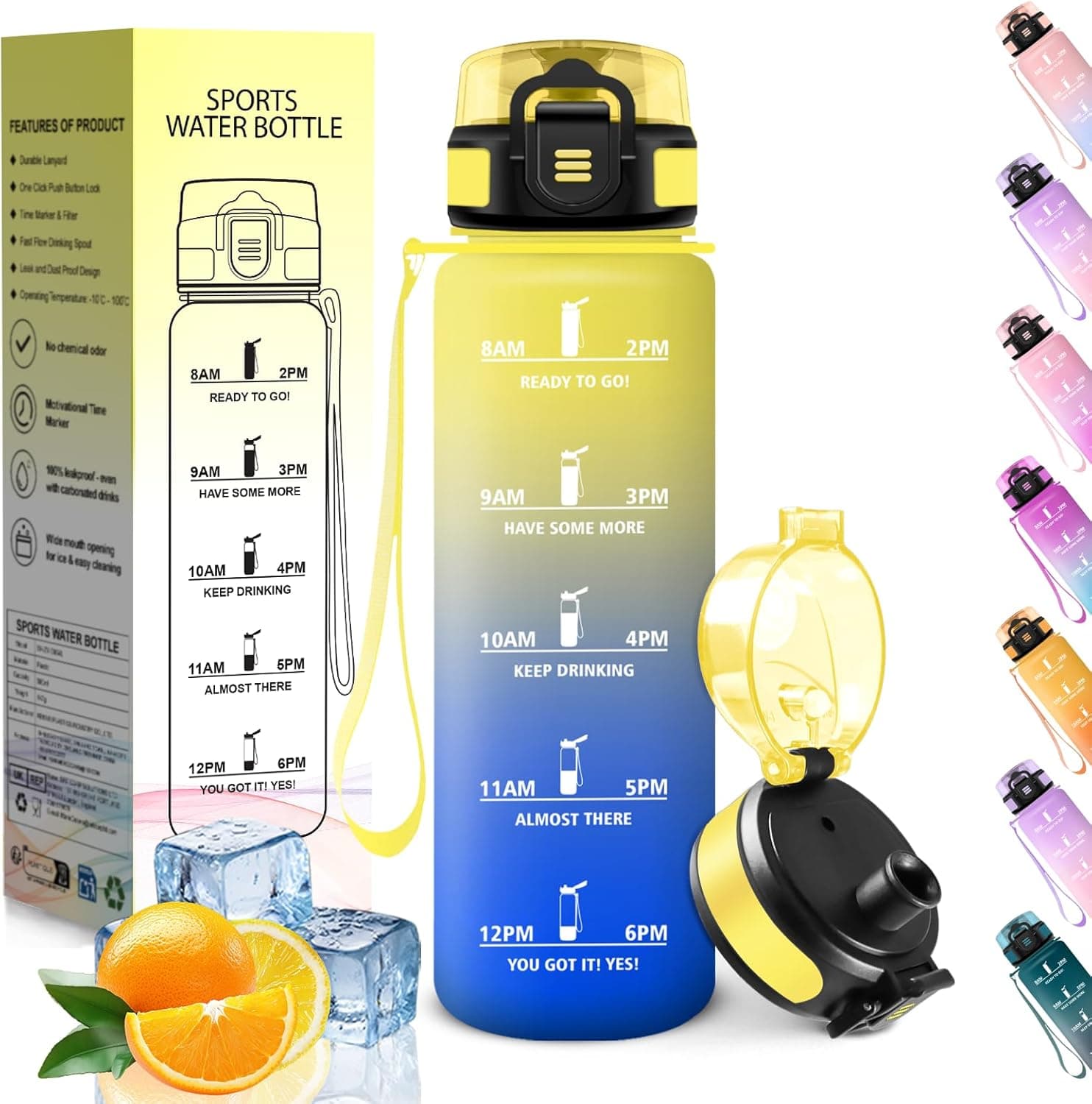 HoneyHolly | Garrafa de água 500 ml à prova de fugas em plástico sem BPA com marcador de tempo