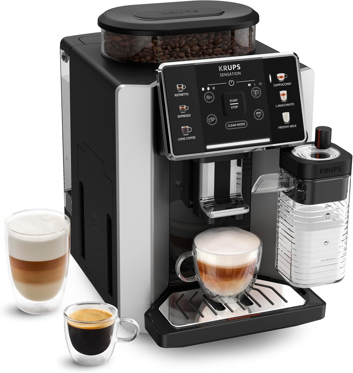 Krups Sensation Milk, máquina de café automática, 6 bebidas à base de café e café com leite, tecnologia Milk Maestro, jarro de leite integrado, fácil de usar, prateado, EA912E10