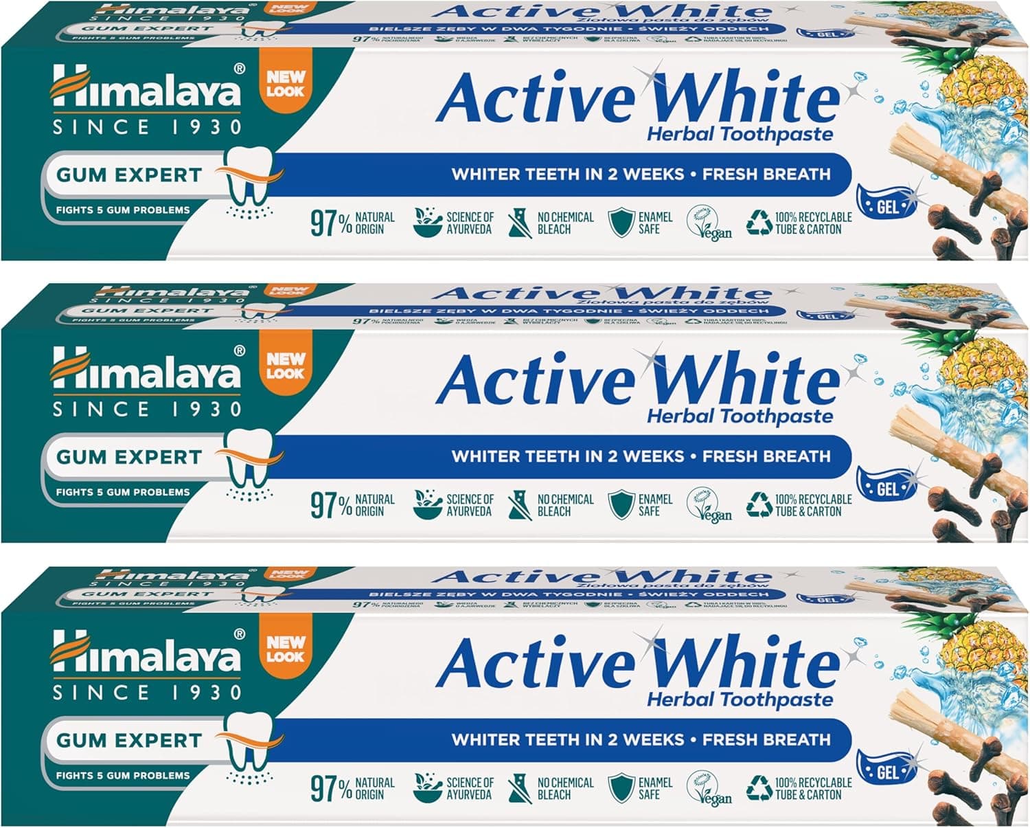 Himalaya Gel branco ativo | Creme dental à base de ervas com enzimas de frutas | Branqueamento dentário | Antibacteriano | Parabenos e lixívia Free|100% vegetariano - 75 ml (embalagem de 3)