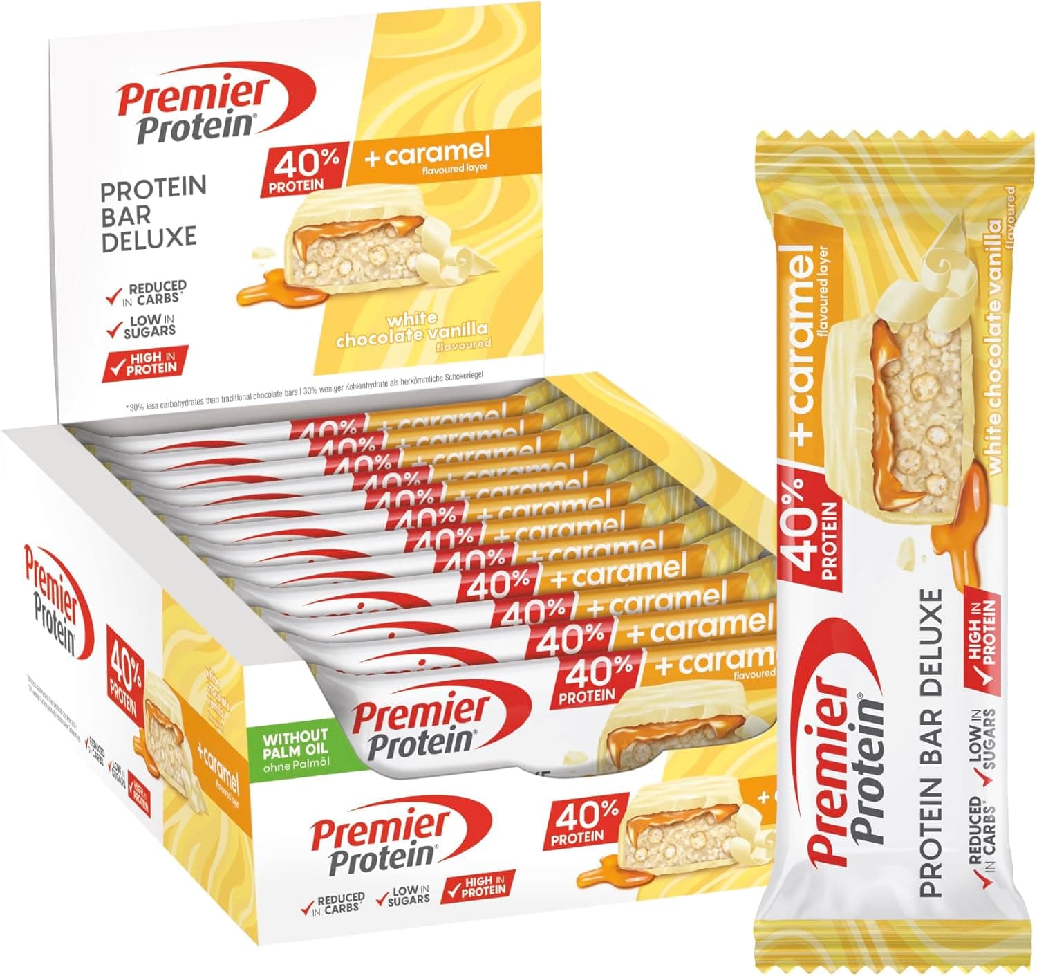 Premier Protein Bar Deluxe | Barra proteica de chocolate branco e baunilha com baixo teor de açúcar e sem óleo de palma 12 unidades de 50 g