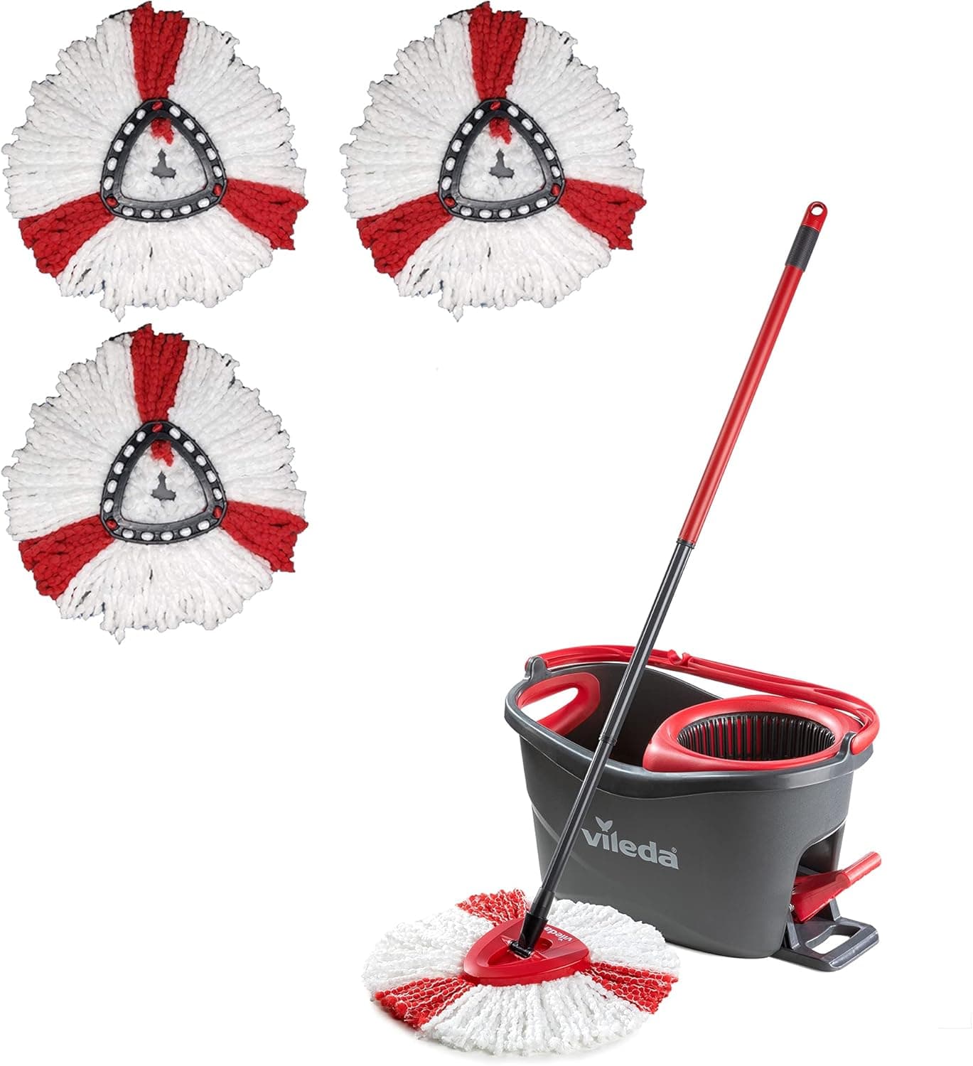 Vileda Turbo Conjunto de esfregona com cabo telescópico, balde de escorredor giratório e substituição de microfibra, inclui 3 peças adicionais, preto e vermelho, 48,6 x 29,6 x 29,3 cm