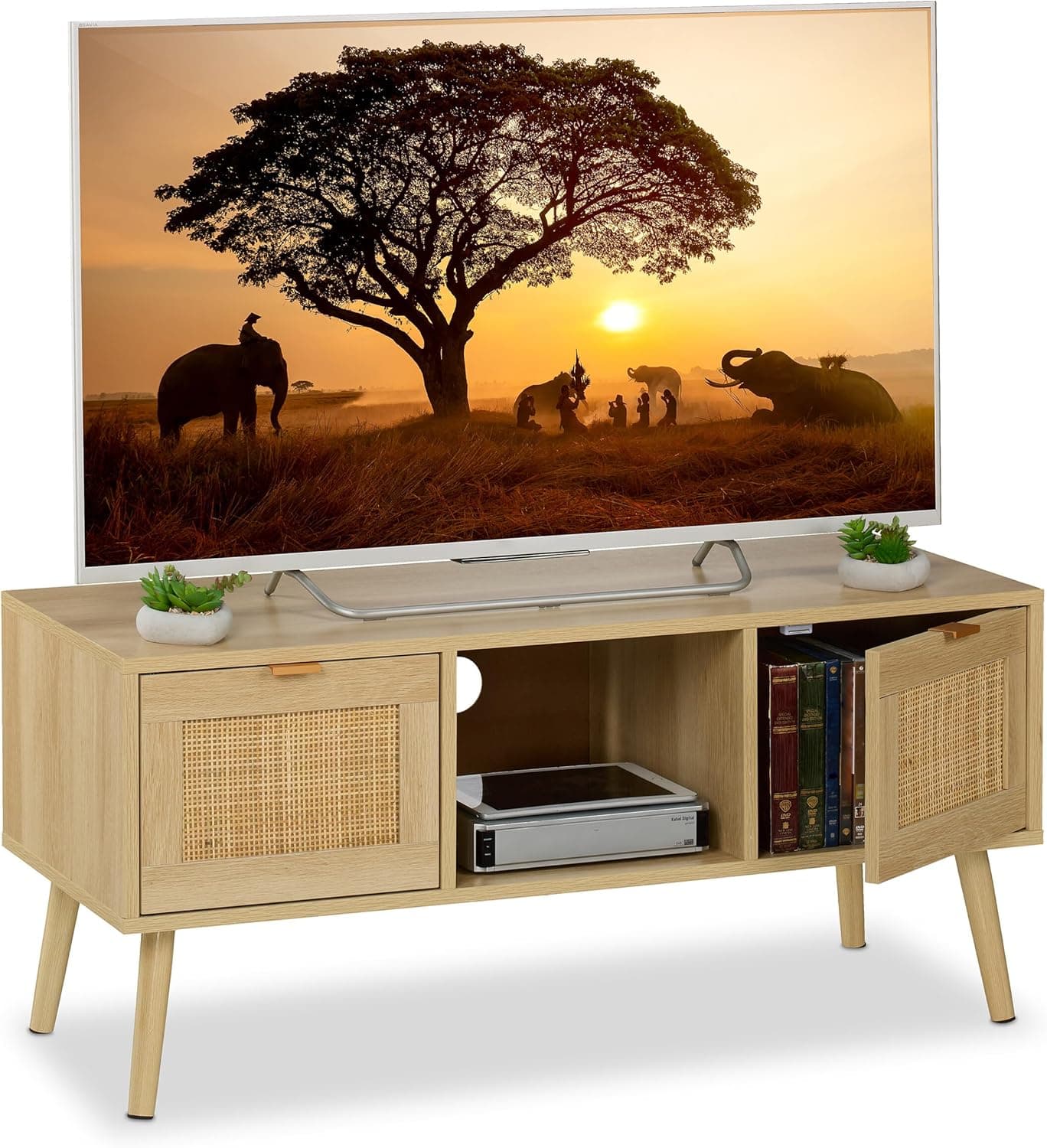 Relaxdays Móvel de TV, efeito de ratim, mesa para televisão até 43", Lowboard, 45,5 x 100 x 40 cm, televisão confortável, natural, plástico, quadro de fibras, madeira