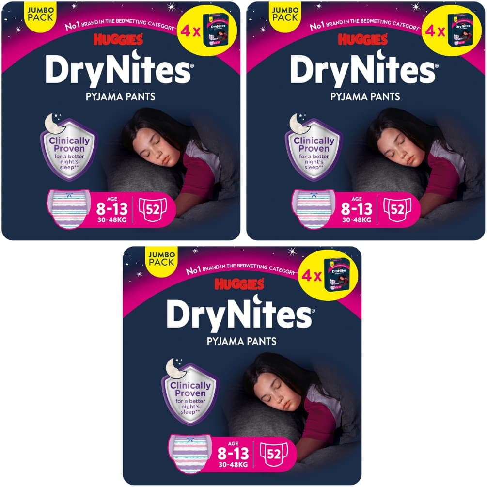 Huggies DryNites Fraldas de noite para menina 8-13 (30 - 48 kg), testadas clinicamente com 5 camadas de máxima proteção noturna, 4 pacotes de 13, total 52 cuecas absorventes