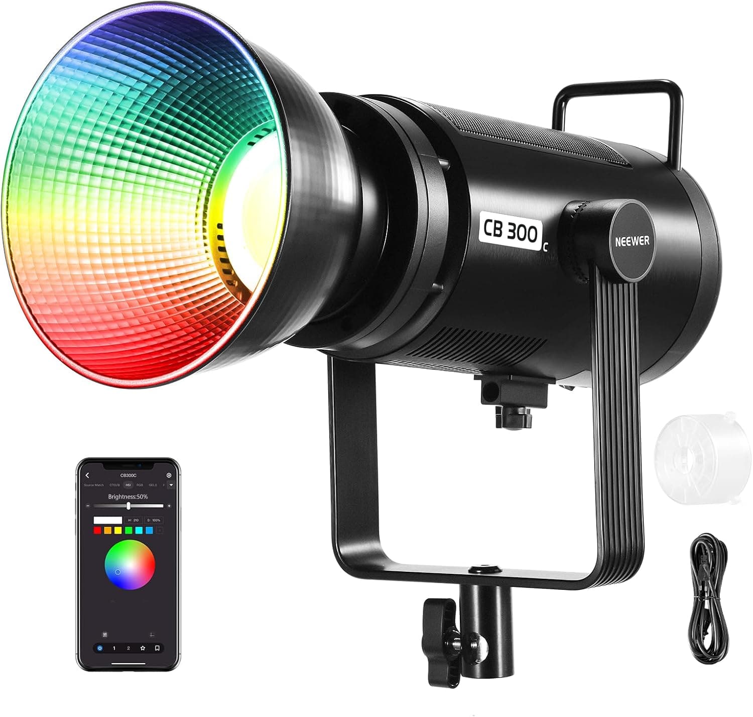 NEEWER CB 300C Luz vídeo LED 300 W com refletor, montagem Bowens, 155000 Lux/1 m, 5600 K COB iluminação contínua CRI97+/TLCI97 Foco estudo regulável, App/2,4 G/Controlo integrado para gravação ação