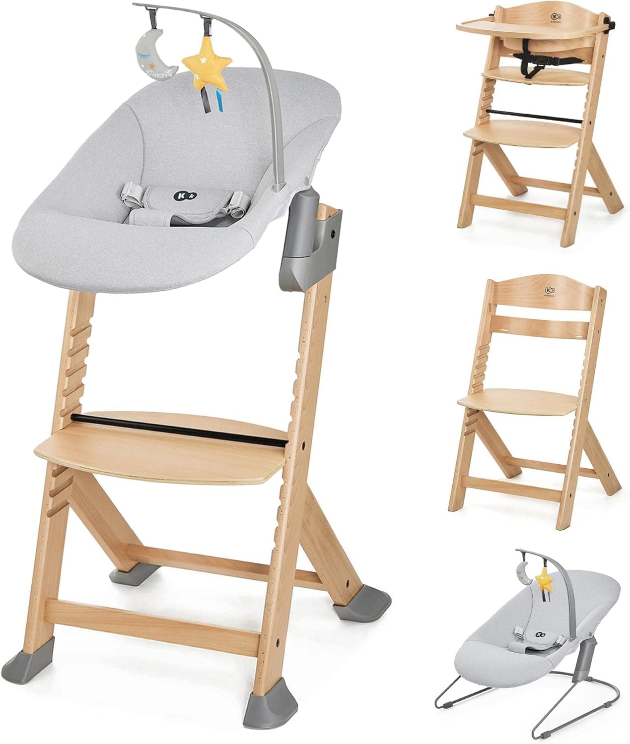 Kinderkraft ENOCK Cadeira alta bebé de madeira rede de bebé CALMEE, portátil, para crianças, cadeira alta infantil, volutiva, ergonómica, barreira e bandeja, cinzento