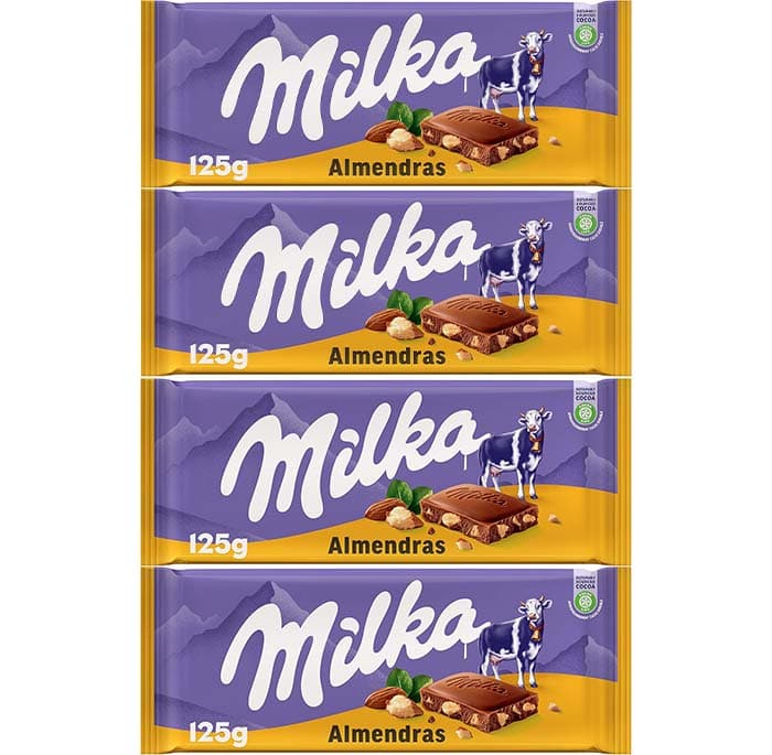 Milka Tablet de chocolate com leite dos alpes com pedaços de amêndoas, 125 g x 4
