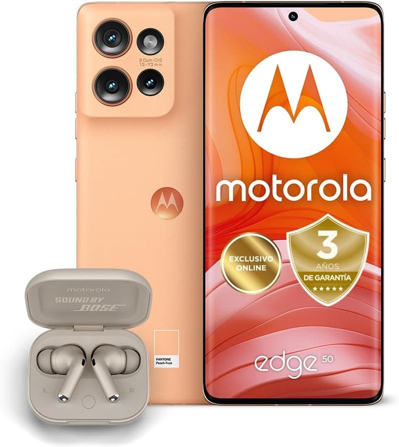 Motorola Edge de 50,24 GB (12 GB RAM Boost)/512 GB, laranja + Moto Buds+ Sound by Bose. Certificação militar de durabilidade, ecrã 6,7" pOLED 1,5 K, câmara 50 MP e Zoom 3X, TurboPower de 68 W, capa