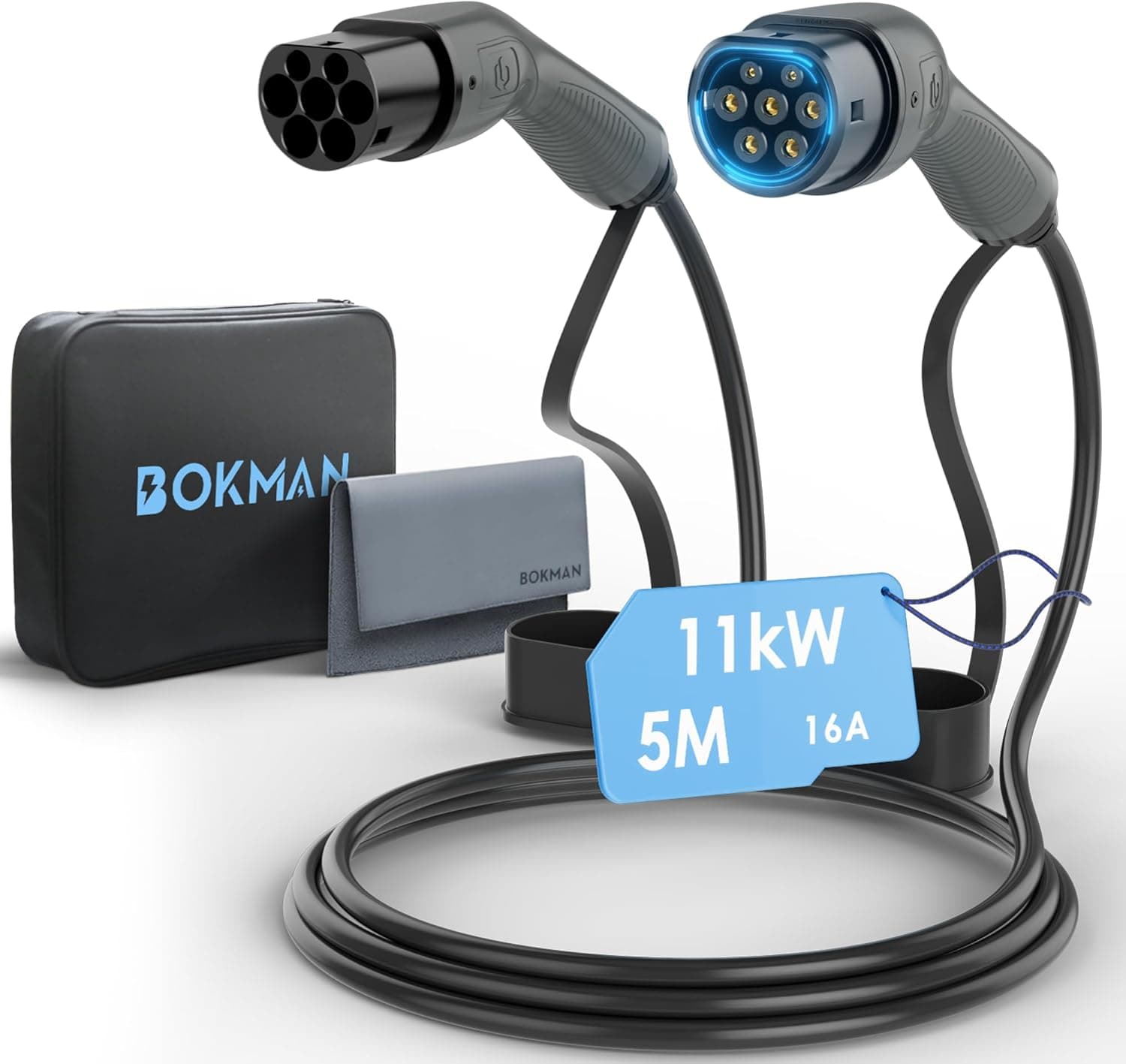 bokman EV Cabo de carregamento tipo 2, modo 3/16A / 11kW / trifásico / 5 m, cabo de carregamento rápido híbrido para veículo elétrico tipo 2 a tipo 2