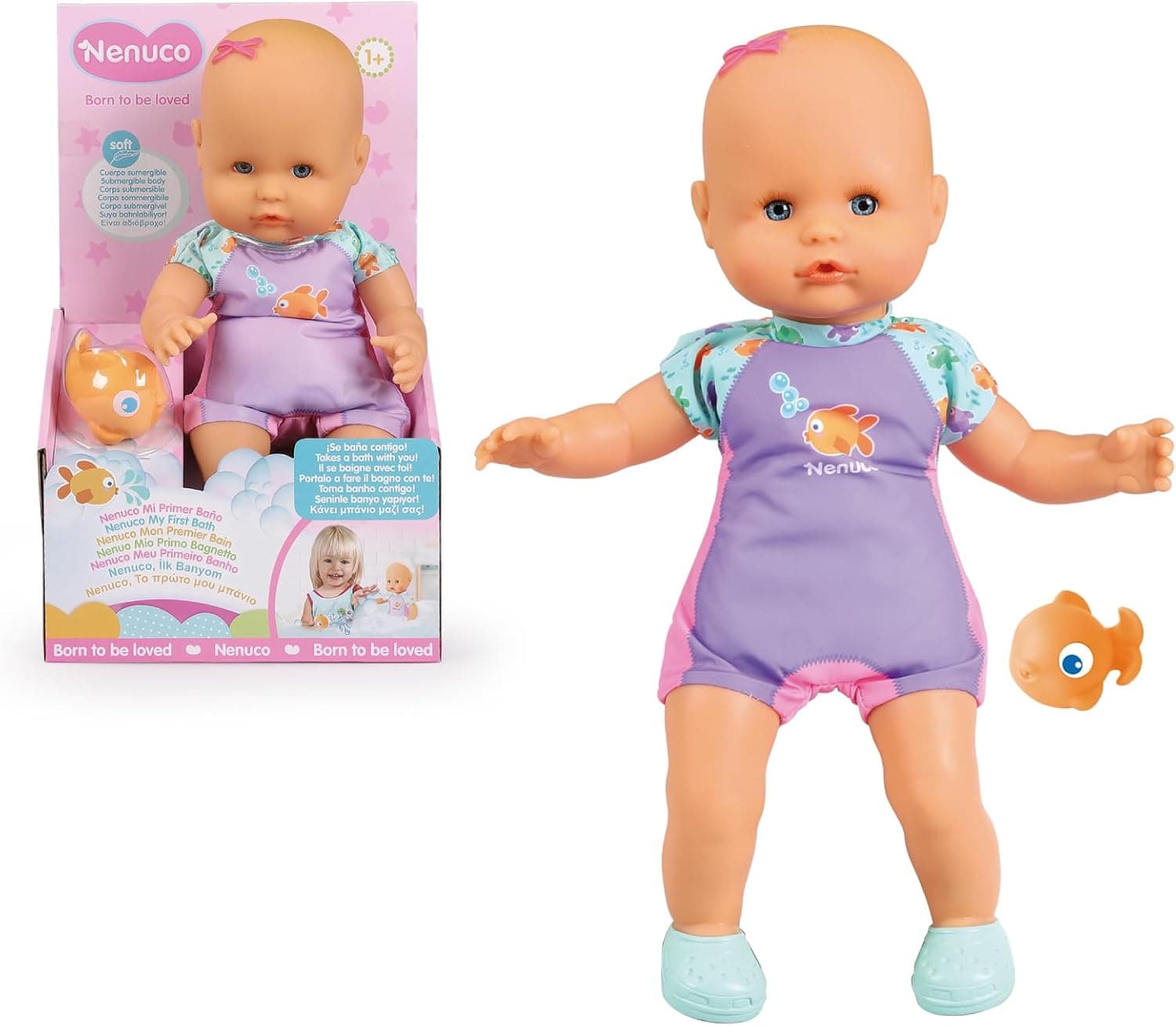 NENUCO - A minha primeira casa de banho, um boneco macio de corpo submergível, pode colocá-lo na banheira, na piscina e no mar. Inclui fato de banho e um peixinho que pode ser medido na água