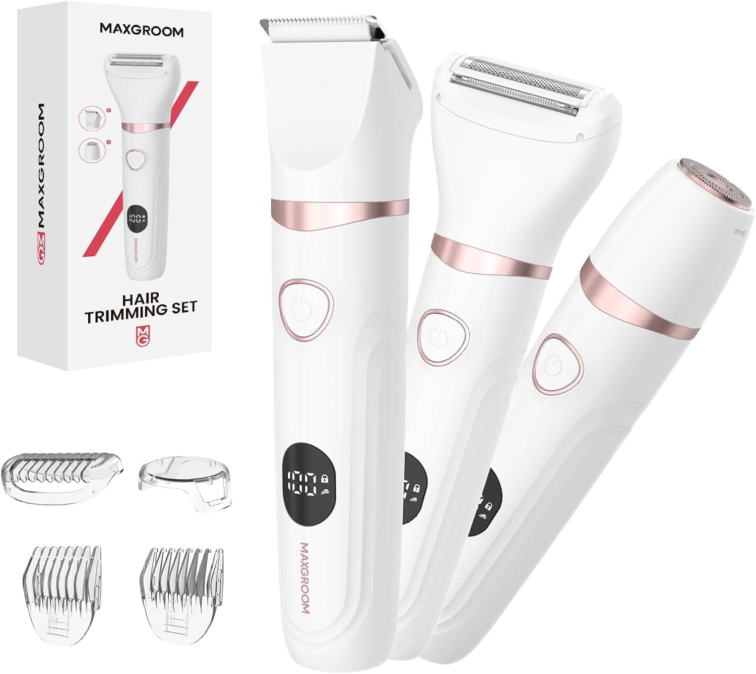 MAXGROOM | Máquina de depilação elétrica 3 em 1 para rosto, corpo e zonas íntimas feminina com utilização a seco e molhado e carregamento USB-C