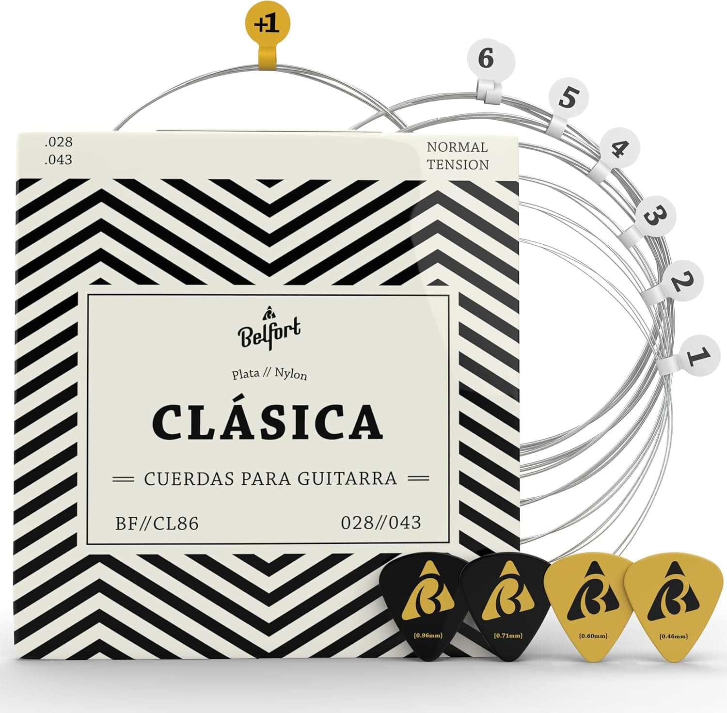 Belfort® Conjunto Cordas de guitarra espanhola, clássica, cordas de guitarra flamenga) 6 x corda de nylon 4 palhetas + eBook - Acessórios, cordas guitarras (Guitar Strings)