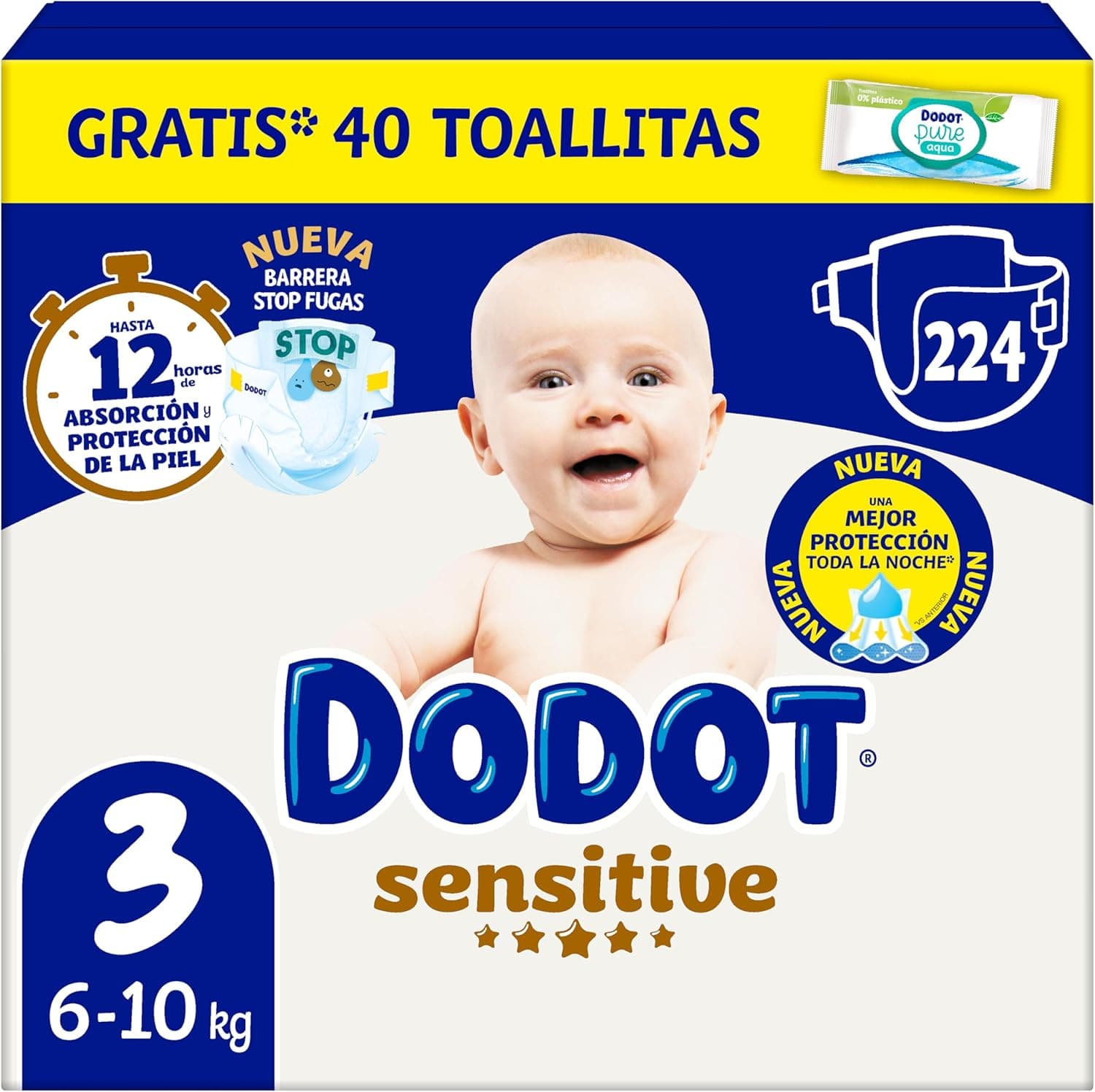 Dodot Sensitive fraldas tamanho 3 (6–10 kg), 224 unidades + oferta de 40 toalhitas Aqua Plastic Free, proteção n.º 1 da pele