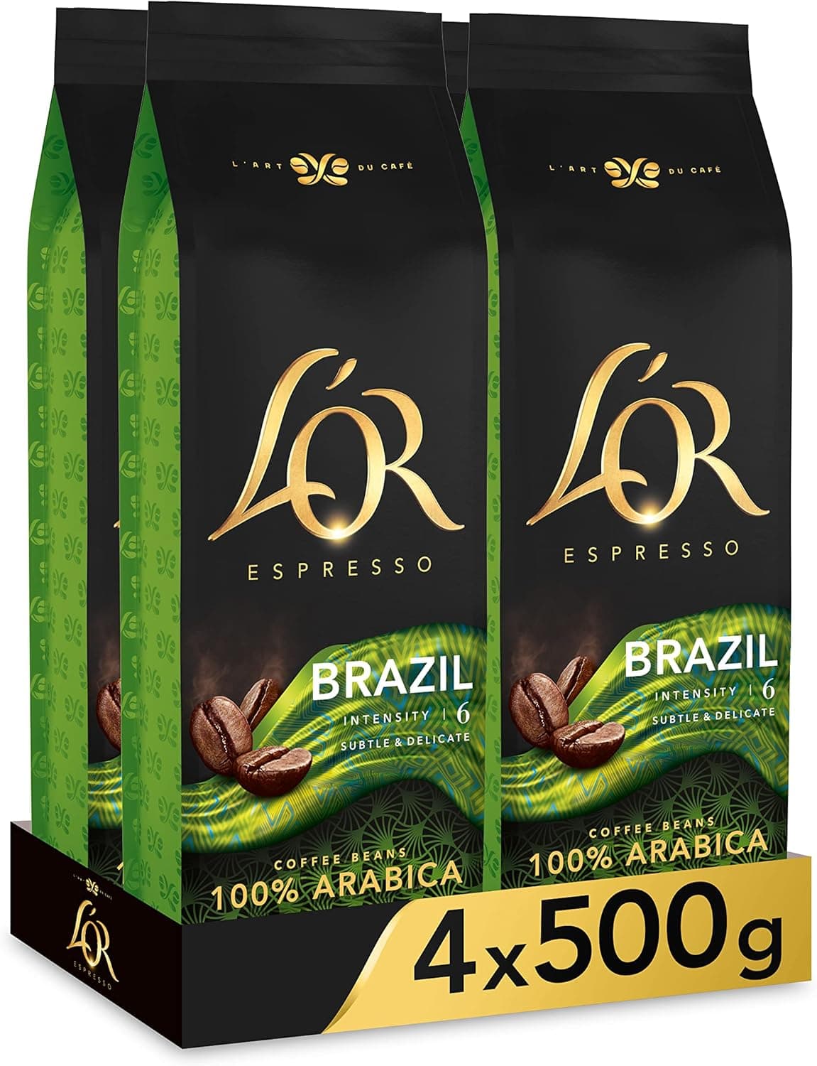 L'OR Espresso Brazil | Grão de café 100% arábica intensidade 6, pack de 4x500 g