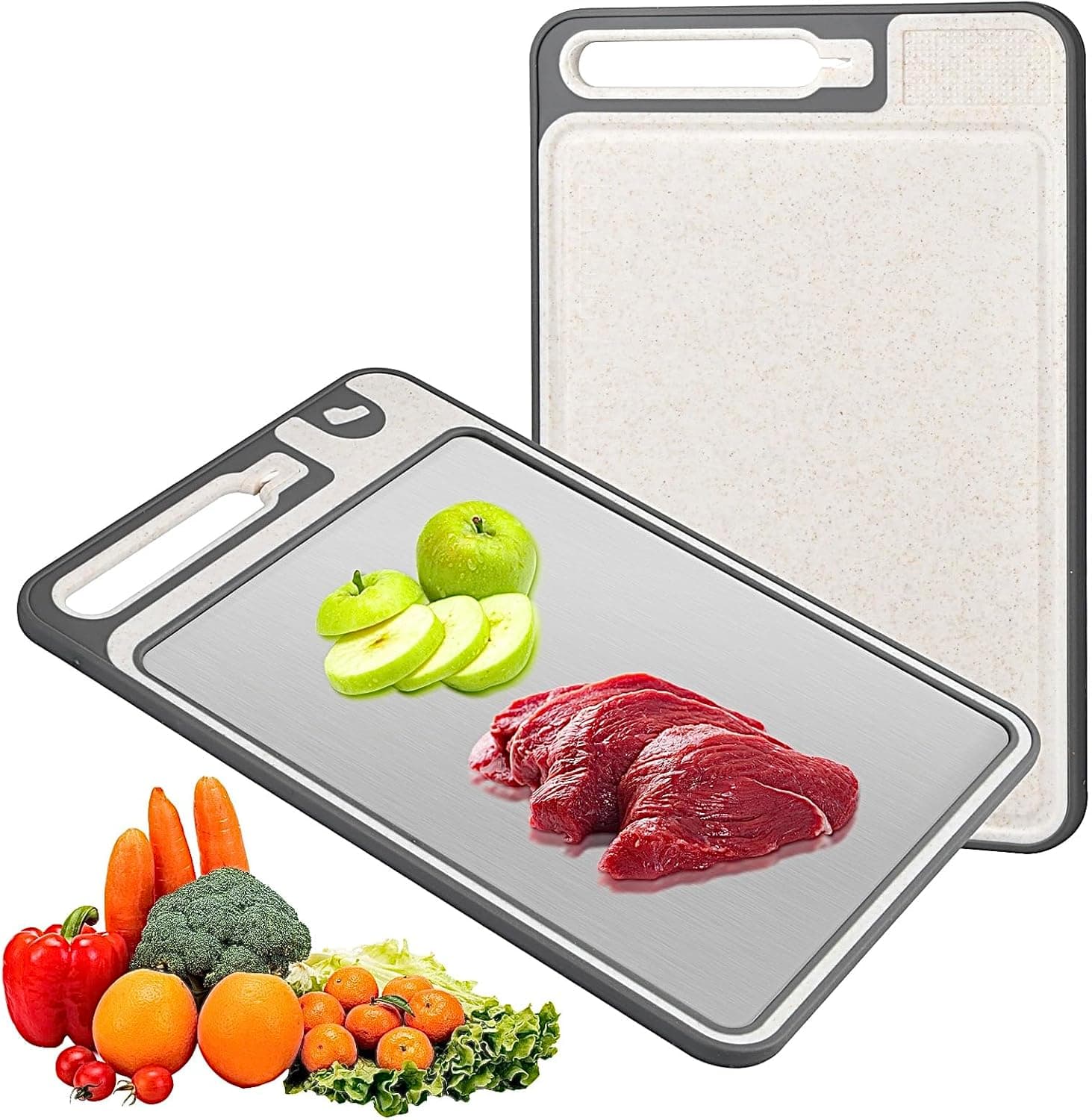 Mapille Tábua de cortar em aço inoxidável 36,5 x 25 cm, tábua de cortar de dupla face para cozinha, antibacteriana fácil de limpar, Chopping Board, ideal para carne, pão, legumes e frutas
