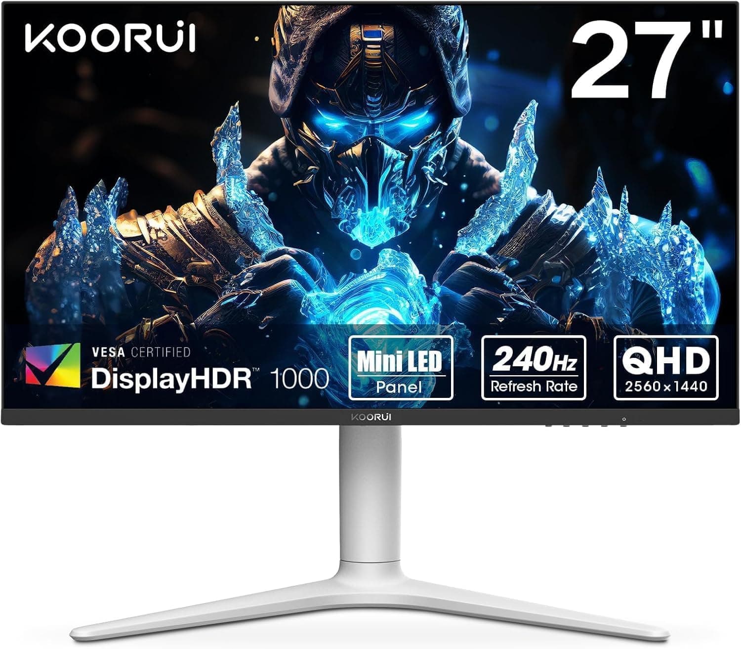 KOORUI Gaming Monitor de 27 polegadas, ecrã 2K QHD (2560  1440), 240 Hz, VA Mini LED, 1 ms, adaptador Sync, 2 x HDMI 2.0 e DisplayPort 1,4, HDR 1000, DCI-P3 955 %, VESA 755 75 mm, altura ajustável