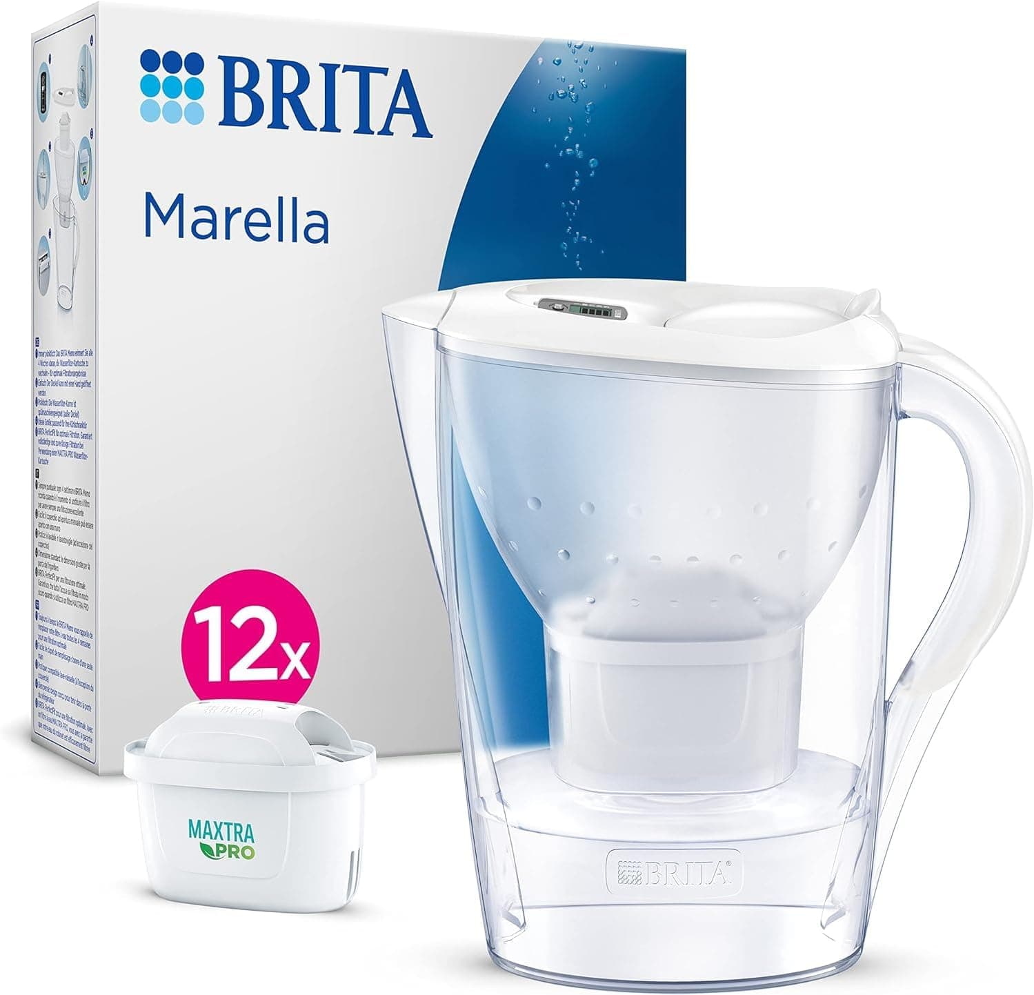 BRITA Jarro com filtro de água marella branca (2,4 l). 12 frascos adaptáveis ao frigorífico com LTI digital e tampa rebatível que reduzem cloro, calcário e impurezas.