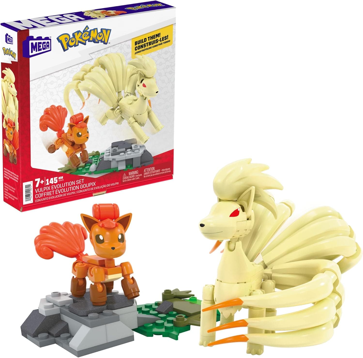 MEGA Pokémon Evolução de Vulpix Pack de 2 figuras (Vulpix e Ninetais) 145 blocos de construção, brinquedo + 7 anos (Mattel HTH79)