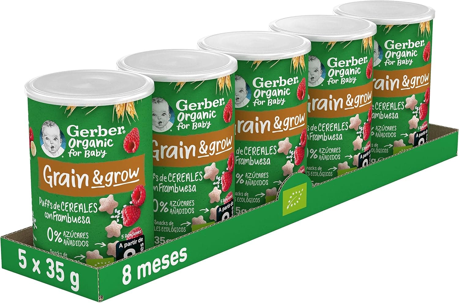 Gerber Organic Puffs | Snack de cereais biológico de framboesa e banana para bebés a partir dos 8 meses, pack de 5 x 35 g