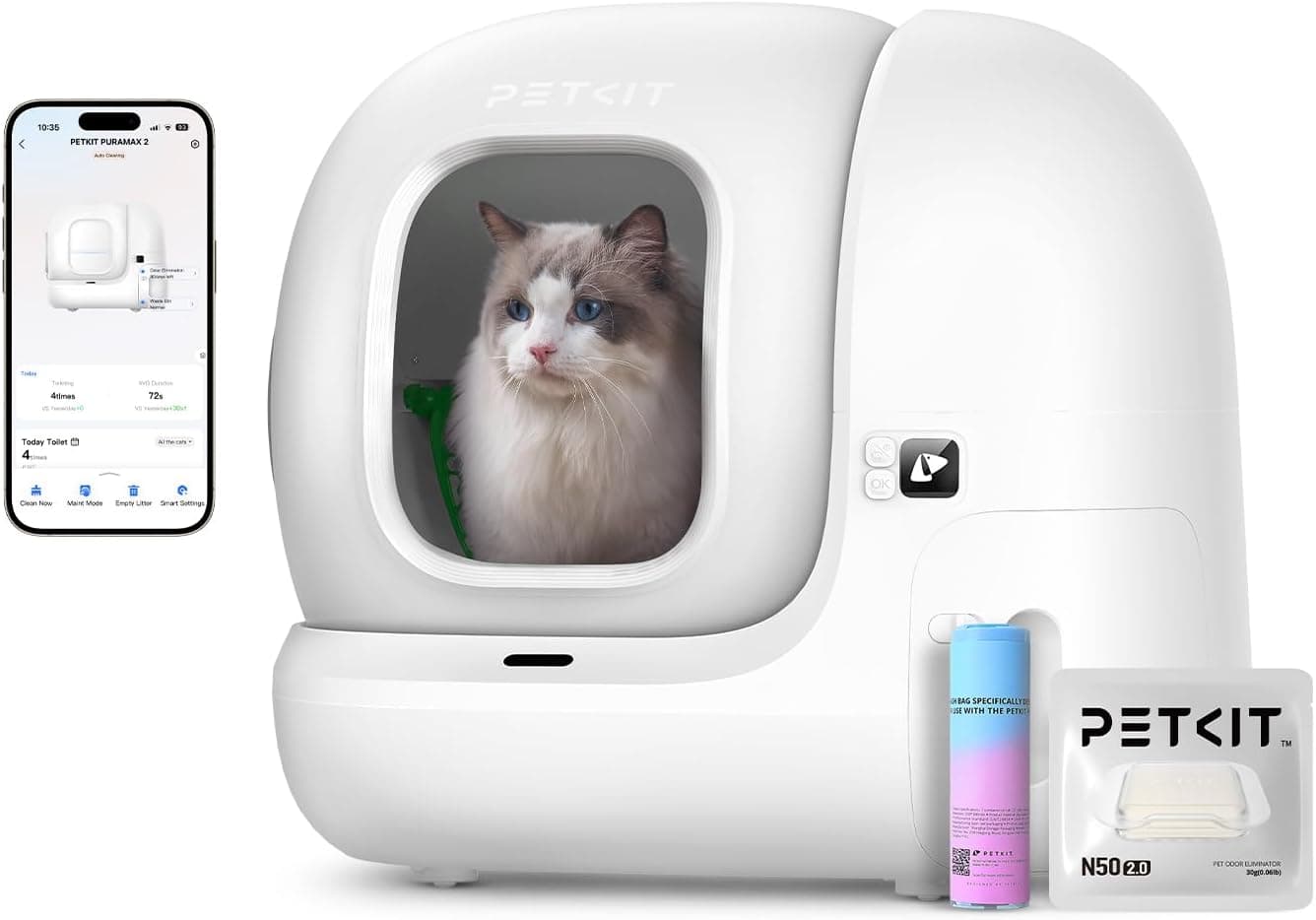 PETKIT Pura MAX 2 Areneiro gatos auto-limpável, sanita para gatos, areia auto-limpa para gatos, anti-fugas, xSecure/Eliminar odores/APP/76L, para vários gatos (sem purificador, com N50