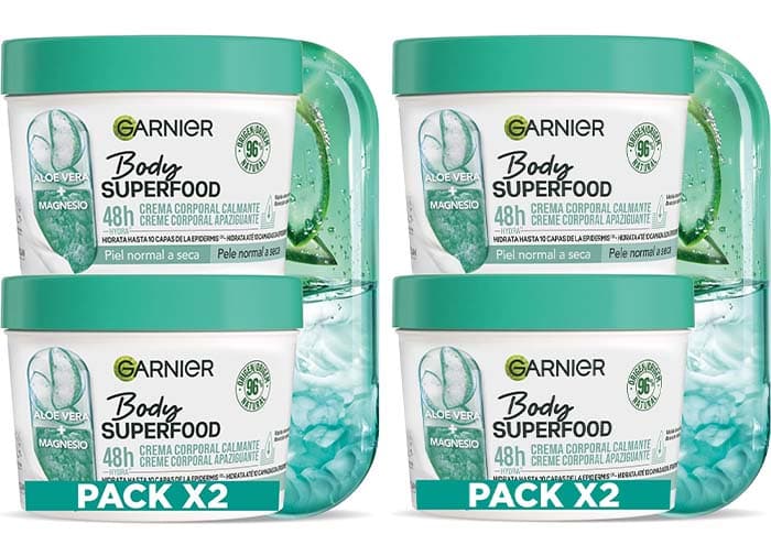 Garnier Body Superfood creme corporal calmante com aloé vera e magnésio, para peles normais a secas, hidratação 48 horas, 380 ml x 4