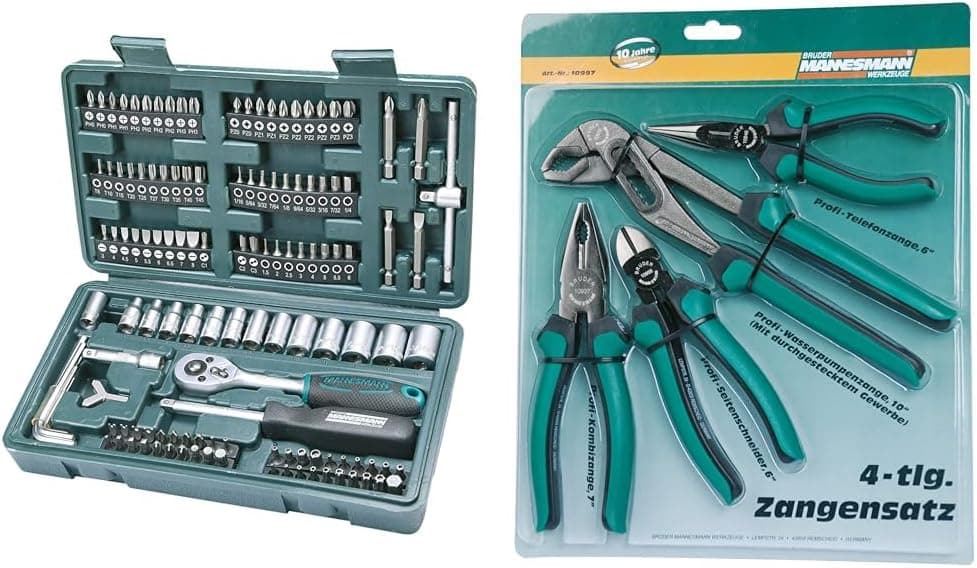 Mannesmann M29166 - Estojo com soquete e conjunto de pontas de chave de fenda (130 peças) e - M10997 - Conjunto de 4 alicates