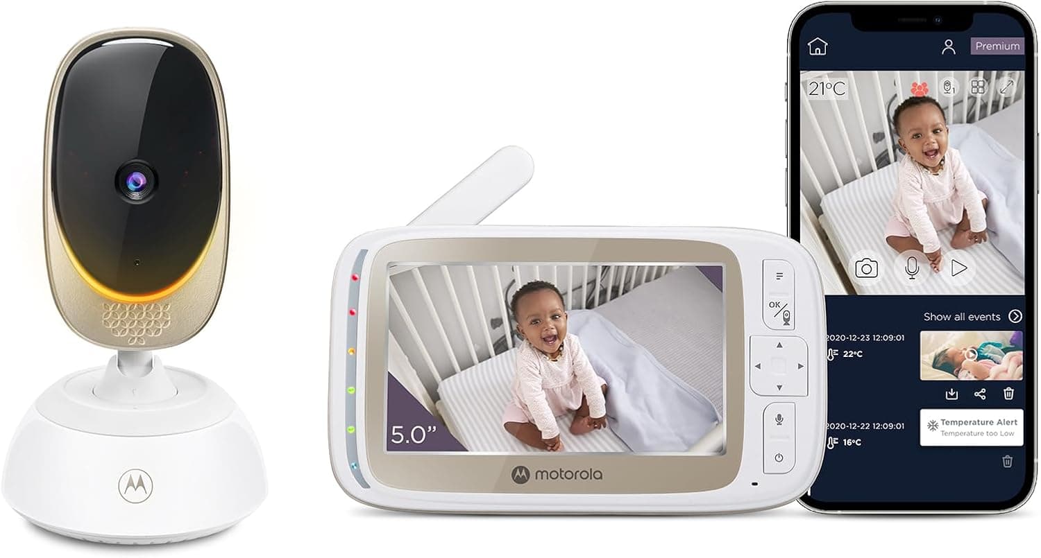 Motorola Nursery VM85 Connect – Vídeo Vigilabebés com Movimento Horizontal e Vertical, Wi-Fi, Ecrã a Cores de 5", Visão Noturna por Infravermelhos, Áudio e Sensor de Temperatura