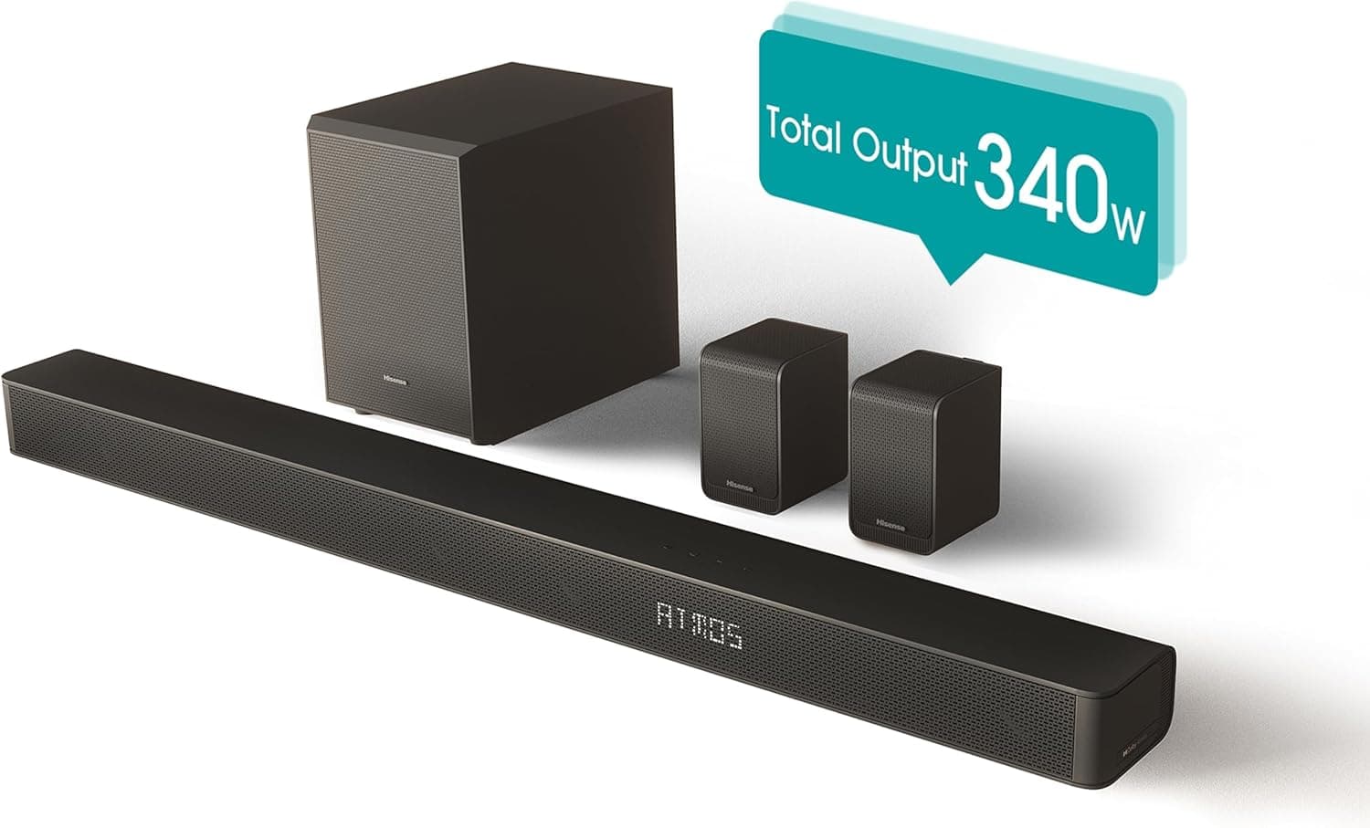 Hisense AX5100G Barra de som 5,1, 340 W, 7 colunas e subwoofer 6,5, Dolby Atmos, DTS Virtual X, Bluetooth 5.0, EZ Play