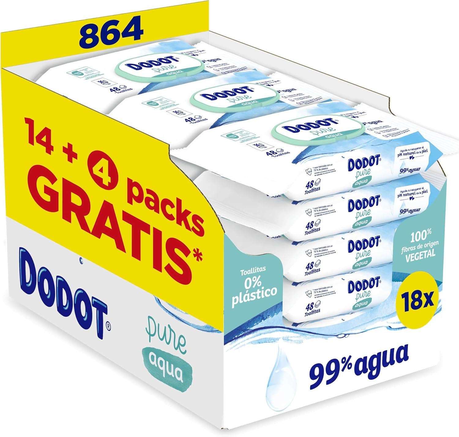 Dodot Toalhetes Pure Aqua para bebé 18 unidades de 48 unidades = 864 toalhetes, ajudam a restaurar o PH natural da pele, 99% água