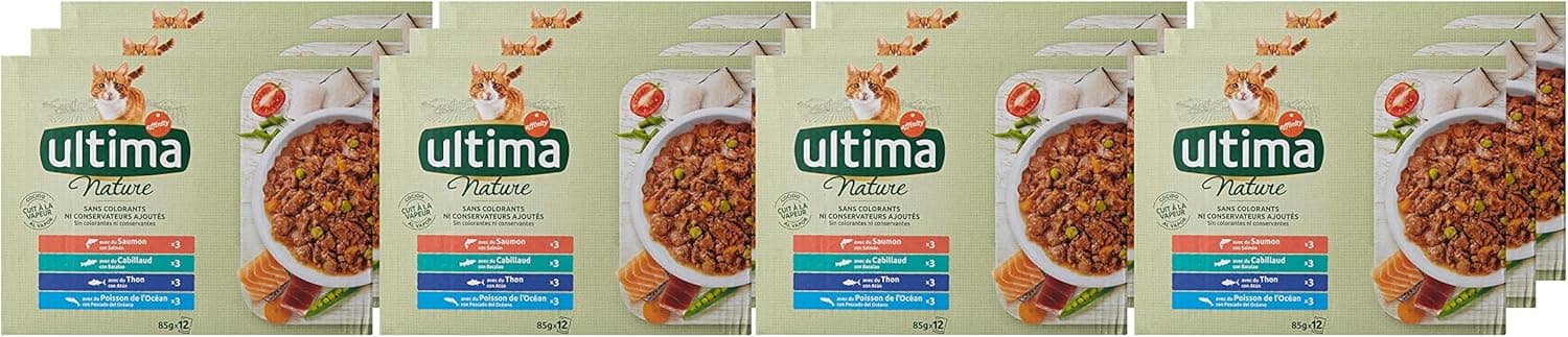 Ultima Nature Comida húmida para gatos com 4 variedades de peixe: Salmão, truta, atum e peixe do oceano 12 unidades 4080 g