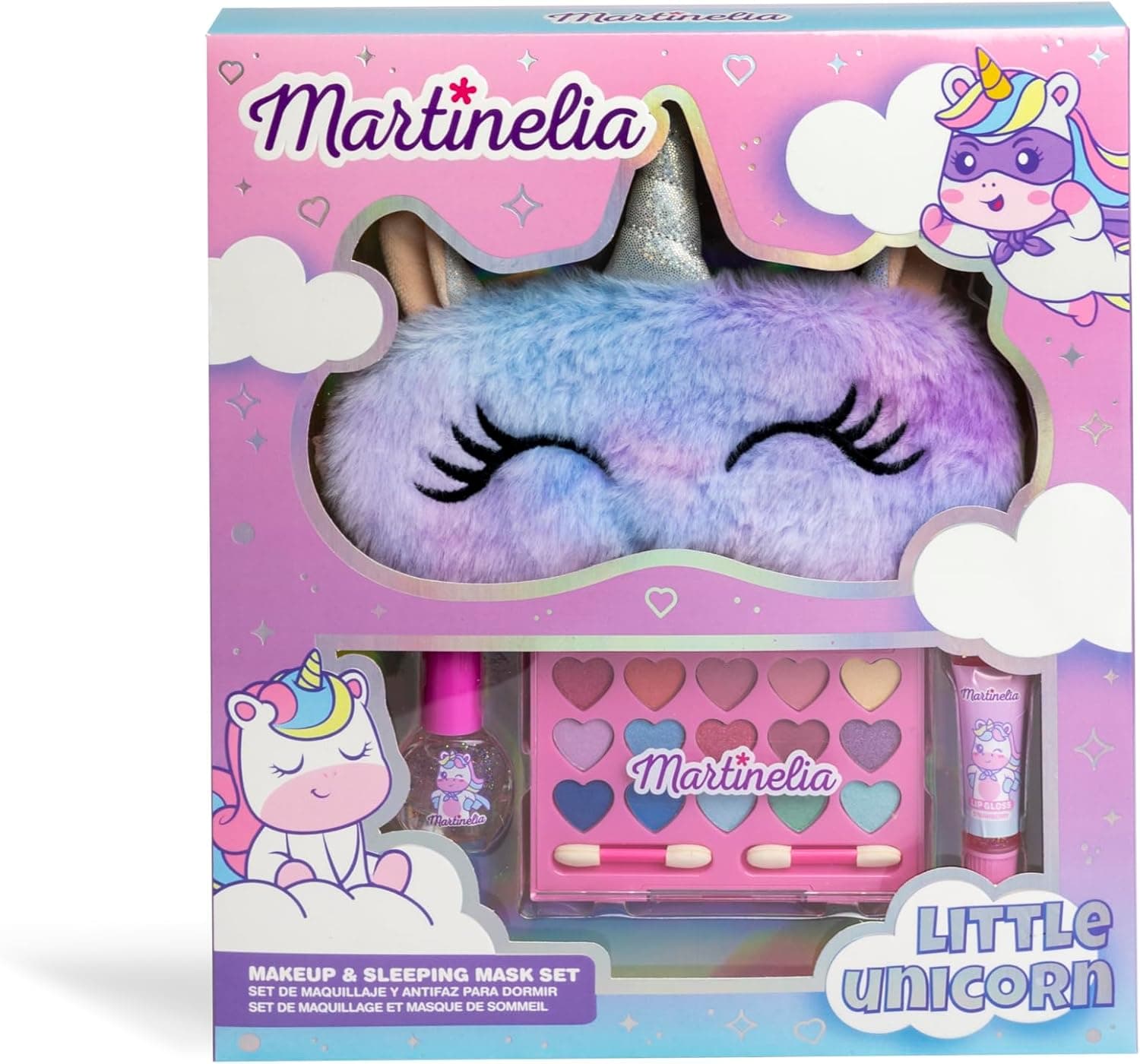Martinelia Conjunto de maquilhagem para crianças e máscara de noite de unicórnio, paleta de 15 sombras de olhos 2 aplicadores 1 verniz de unhas 1 brilho + 1 máscara de sono, presente para menina 