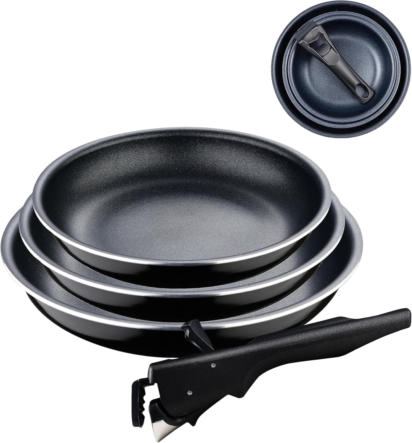 Bergner Click&Cook Black Edition Conjunto de frigideiras de 4 peças de 18, 20 e 24 cm cabo ergonómico removível, alumínio prensado e anti-aderente, para todos os tipos de cozinha e forno